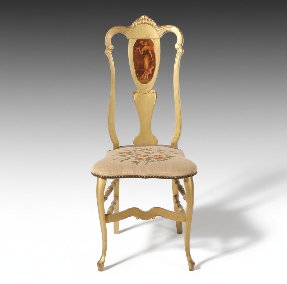Giltwood and Painted Chair with Needlepoint Upholstered Seat
