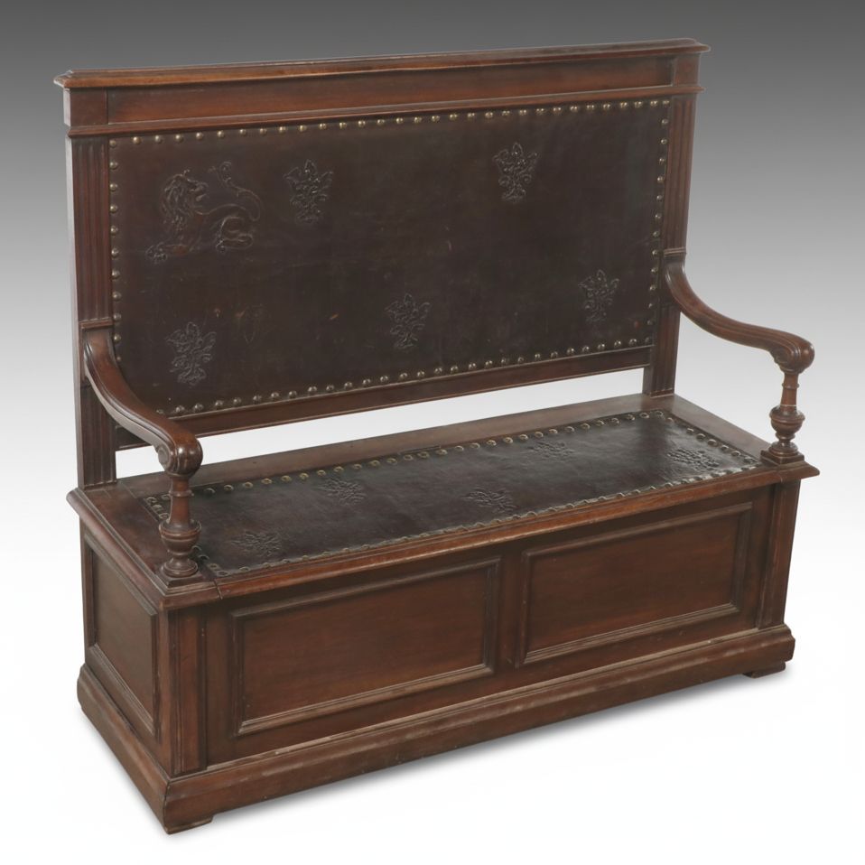 Antique Dark Oak Hall Settle Bench with Leather Back and Seat