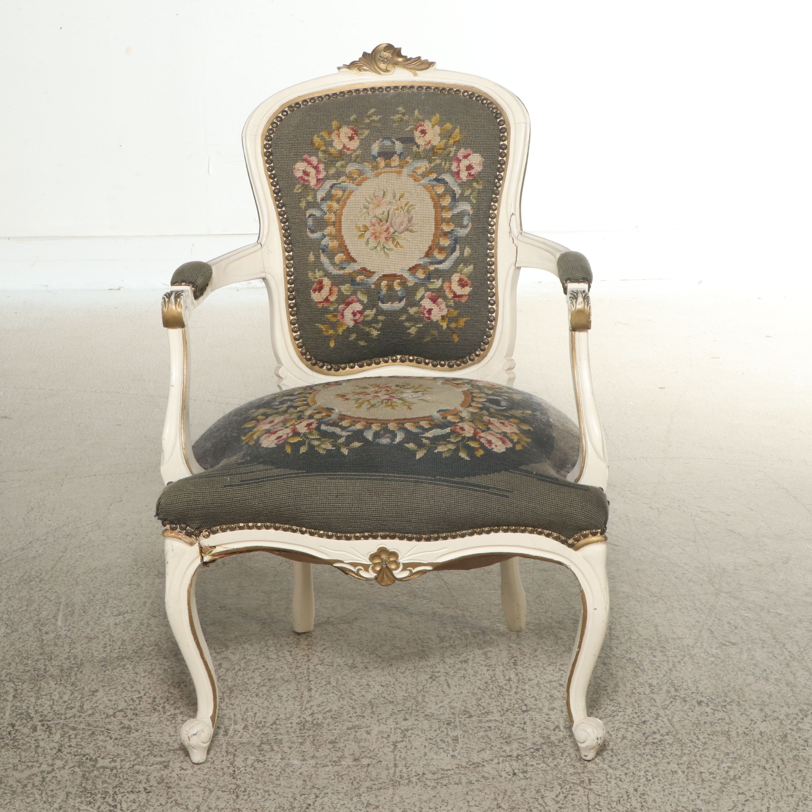 Louis XV Style Paint-Decorated Wood Fauteuil with Needlepoint Upholstery
