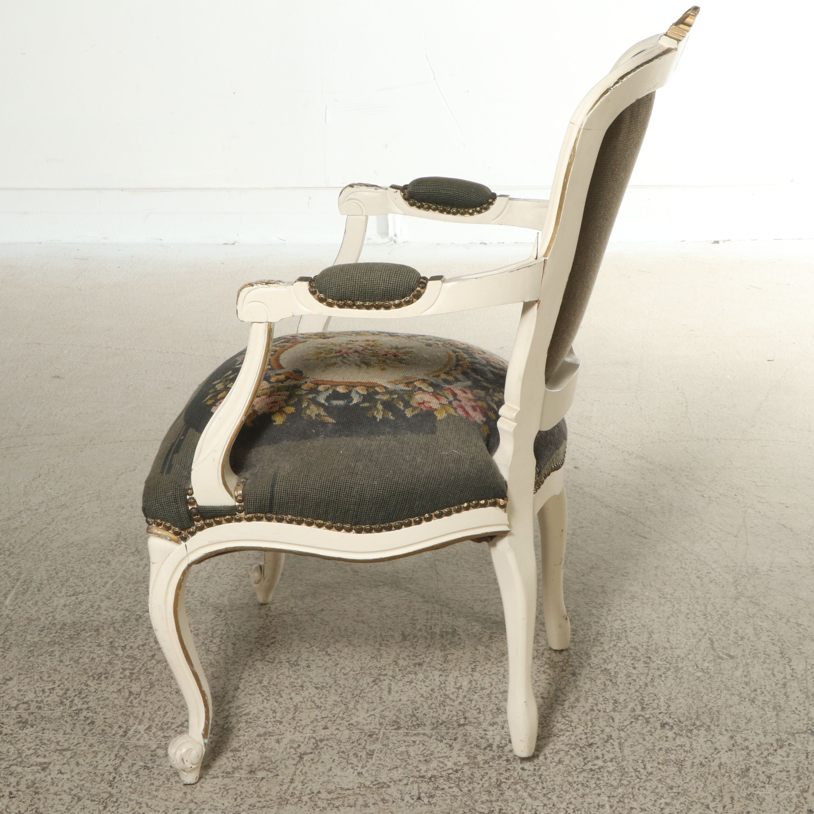 Louis XV Style Paint-Decorated Wood Fauteuil with Needlepoint Upholstery