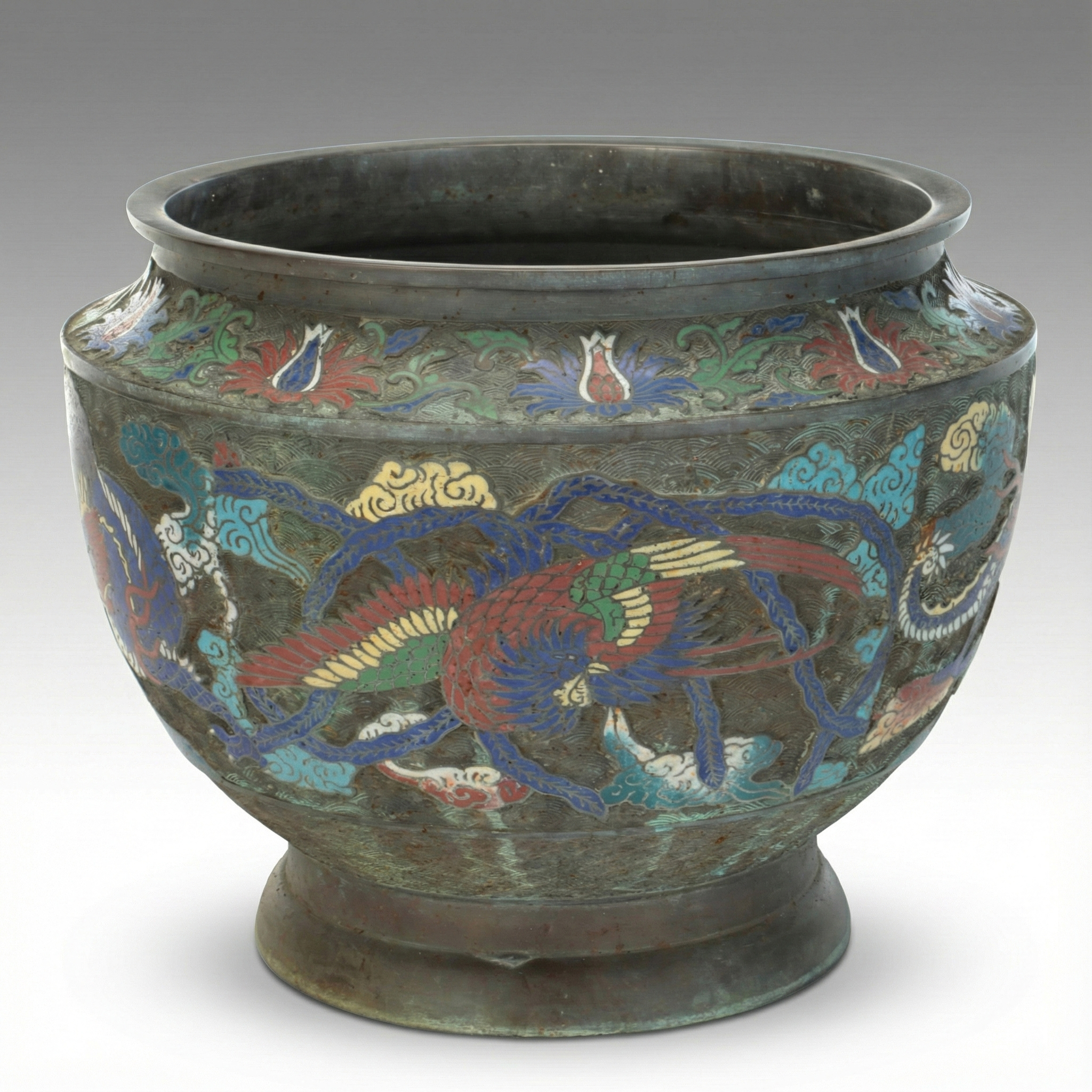 Japanese Meiji Period Champlevé Enamel Bronze Jardinière