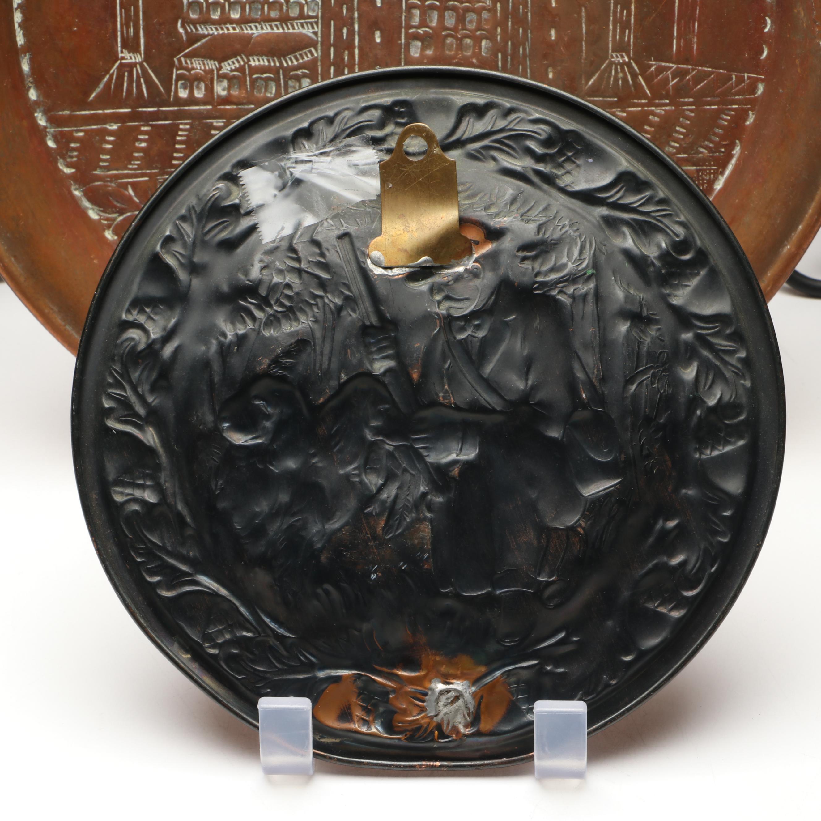 Indian Engraved Brass Vases with Other Chargers and Plaque