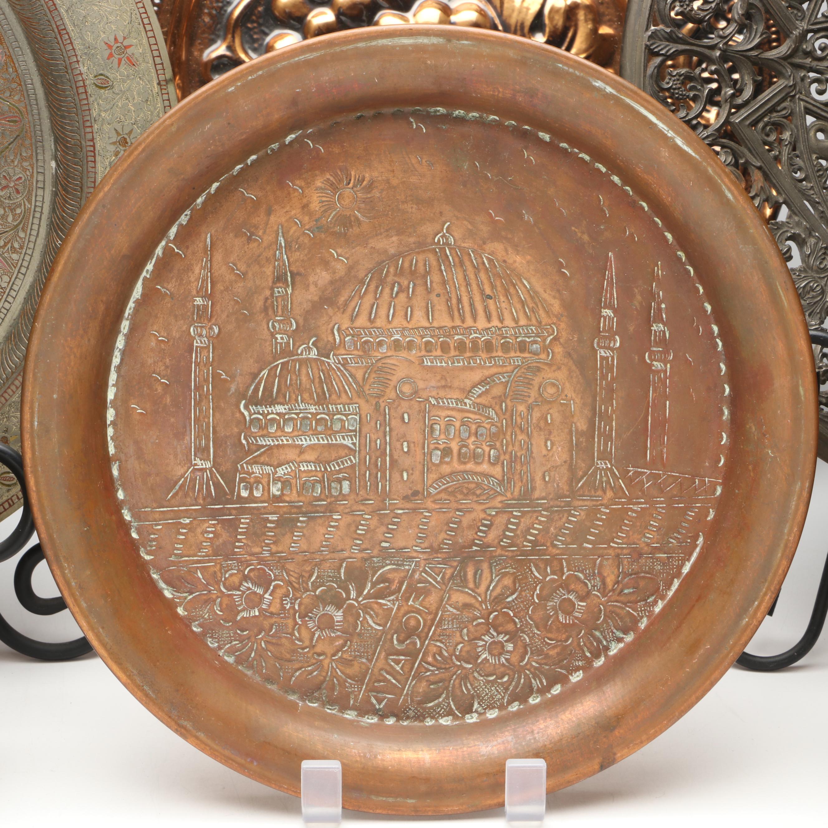 Indian Engraved Brass Vases with Other Chargers and Plaque