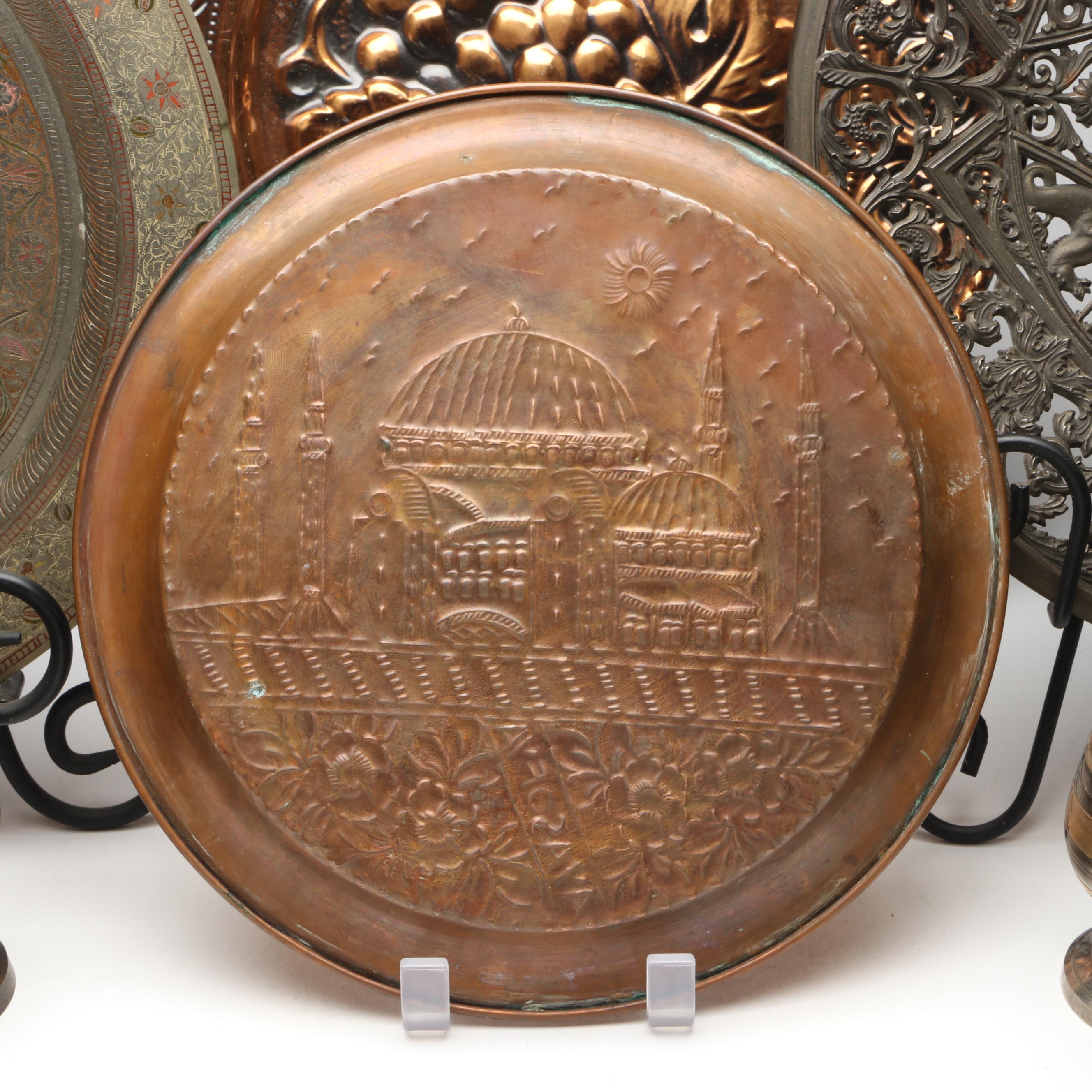 Indian Engraved Brass Vases with Other Chargers and Plaque