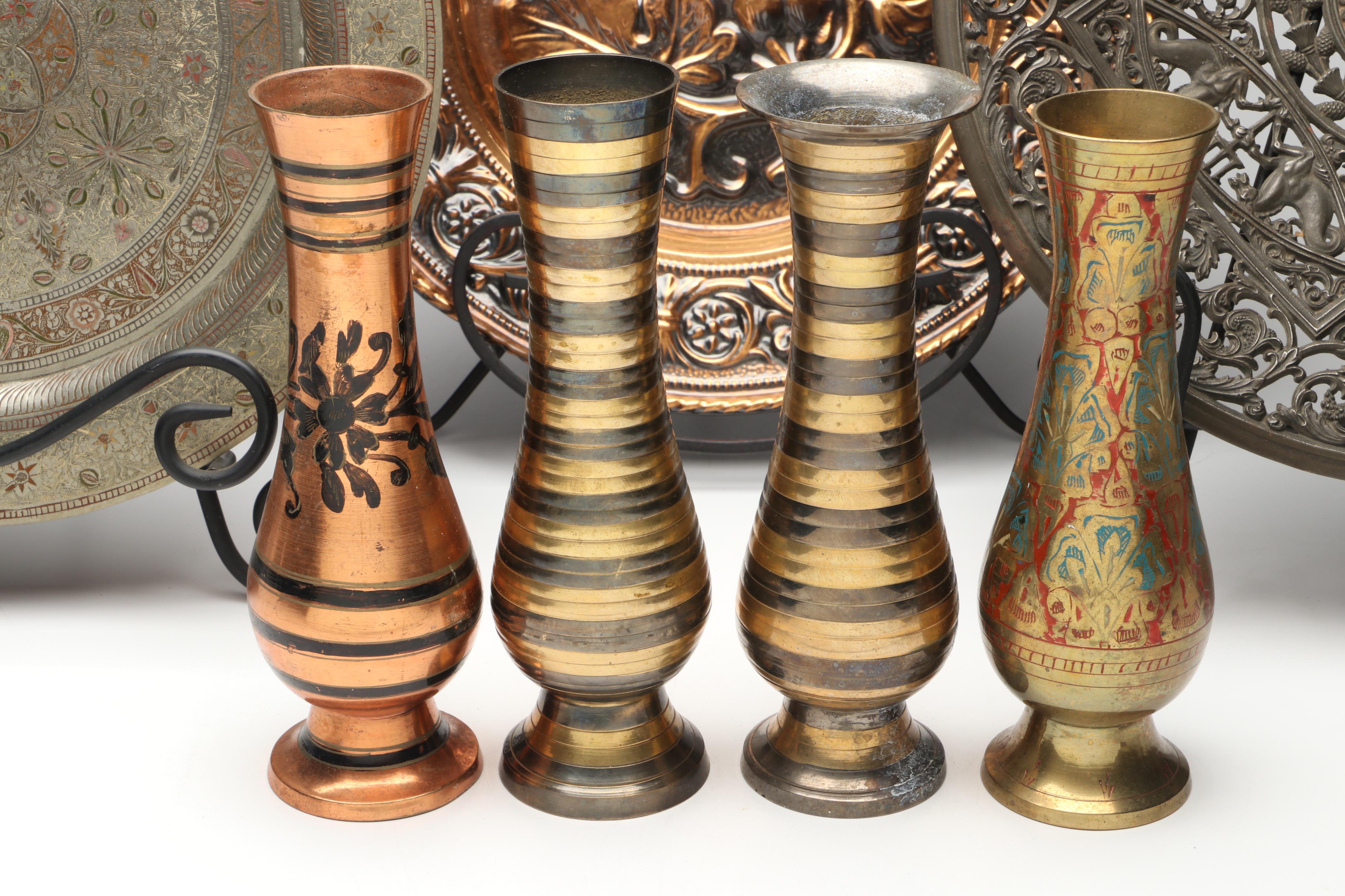 Indian Engraved Brass Vases with Other Chargers and Plaque
