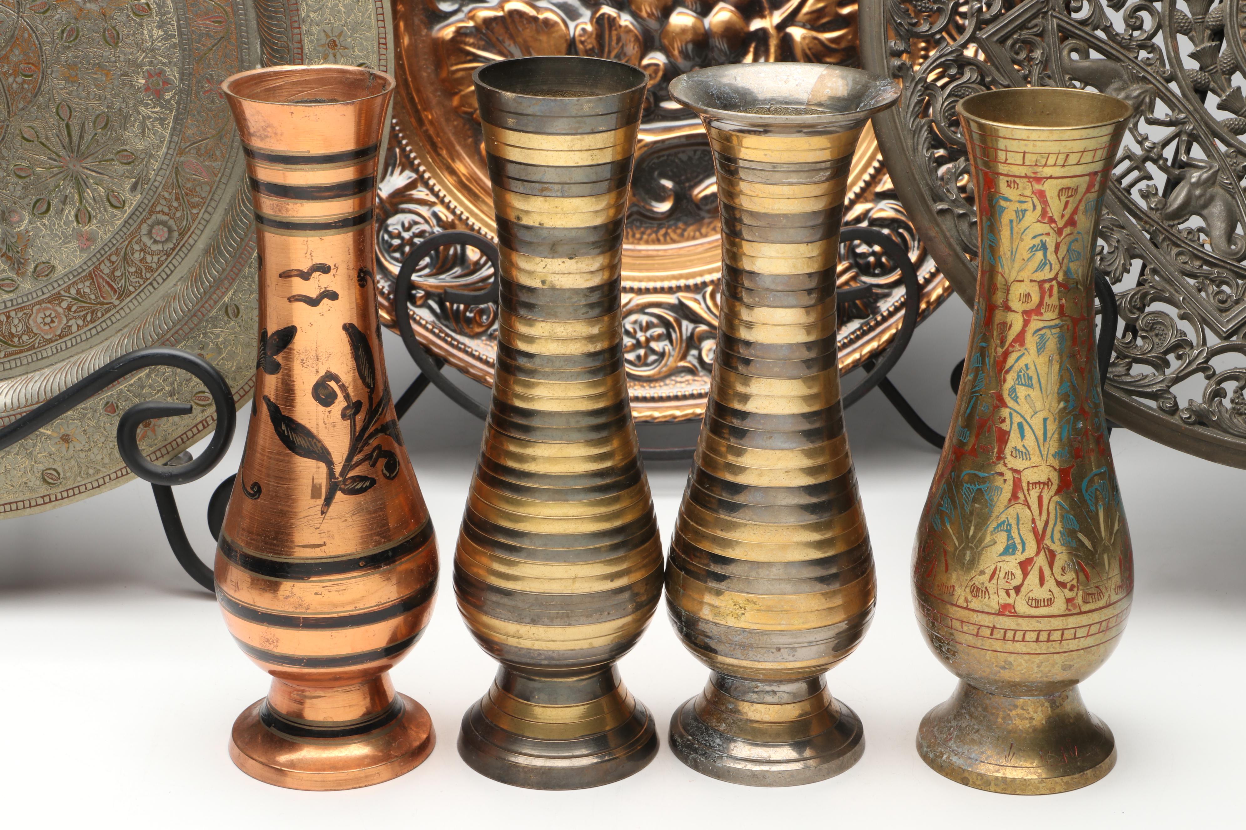 Indian Engraved Brass Vases with Other Chargers and Plaque