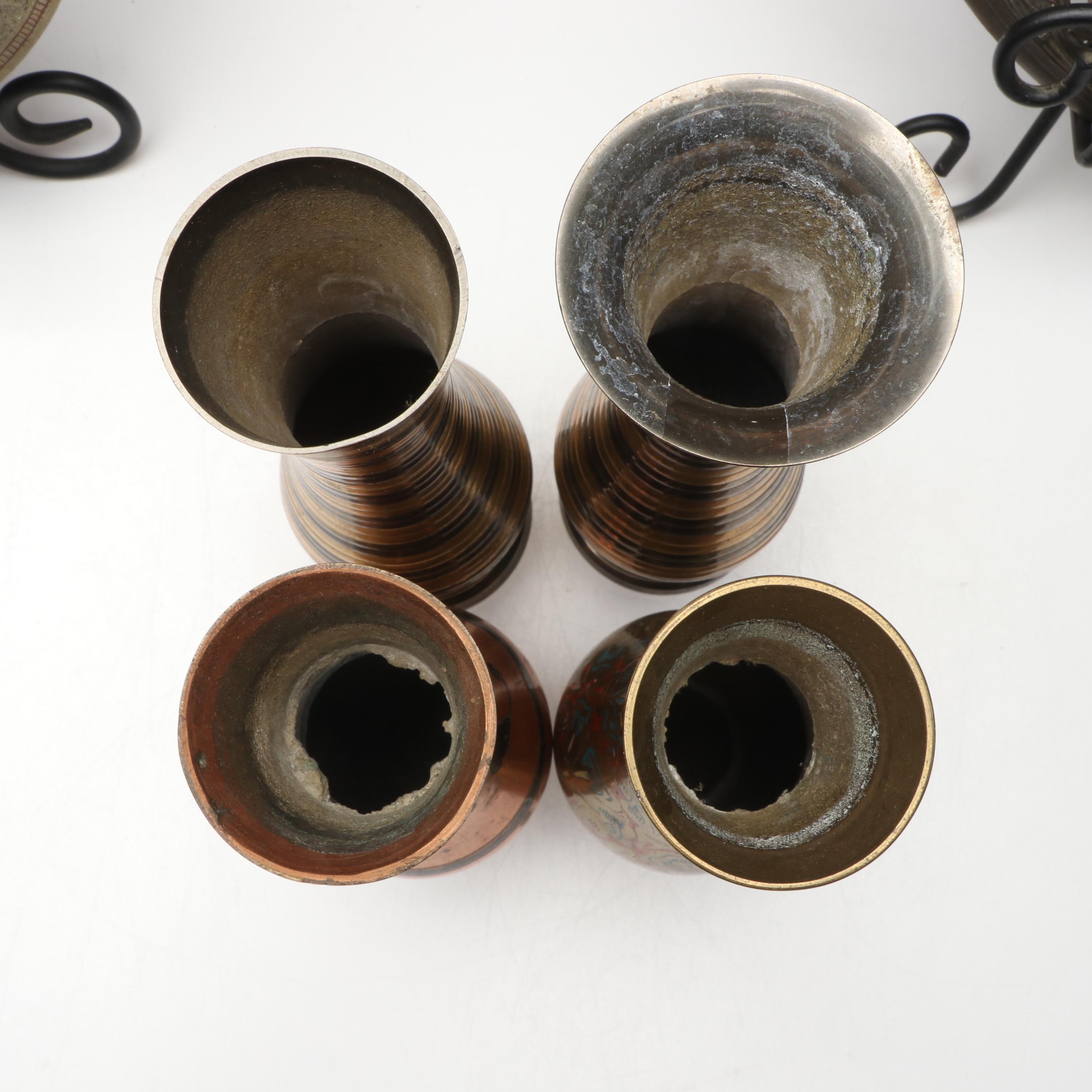 Indian Engraved Brass Vases with Other Chargers and Plaque