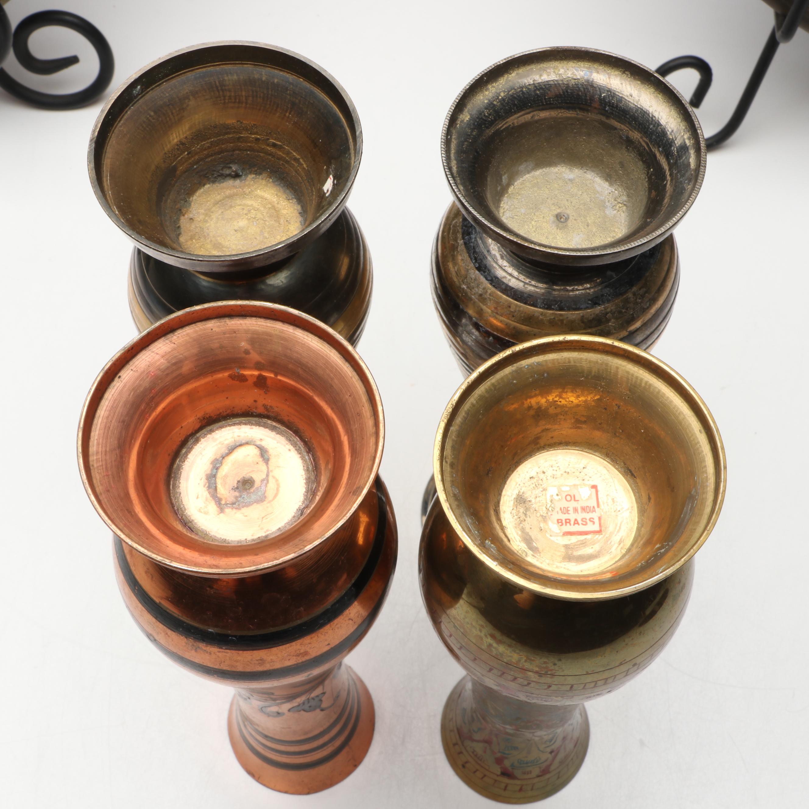 Indian Engraved Brass Vases with Other Chargers and Plaque