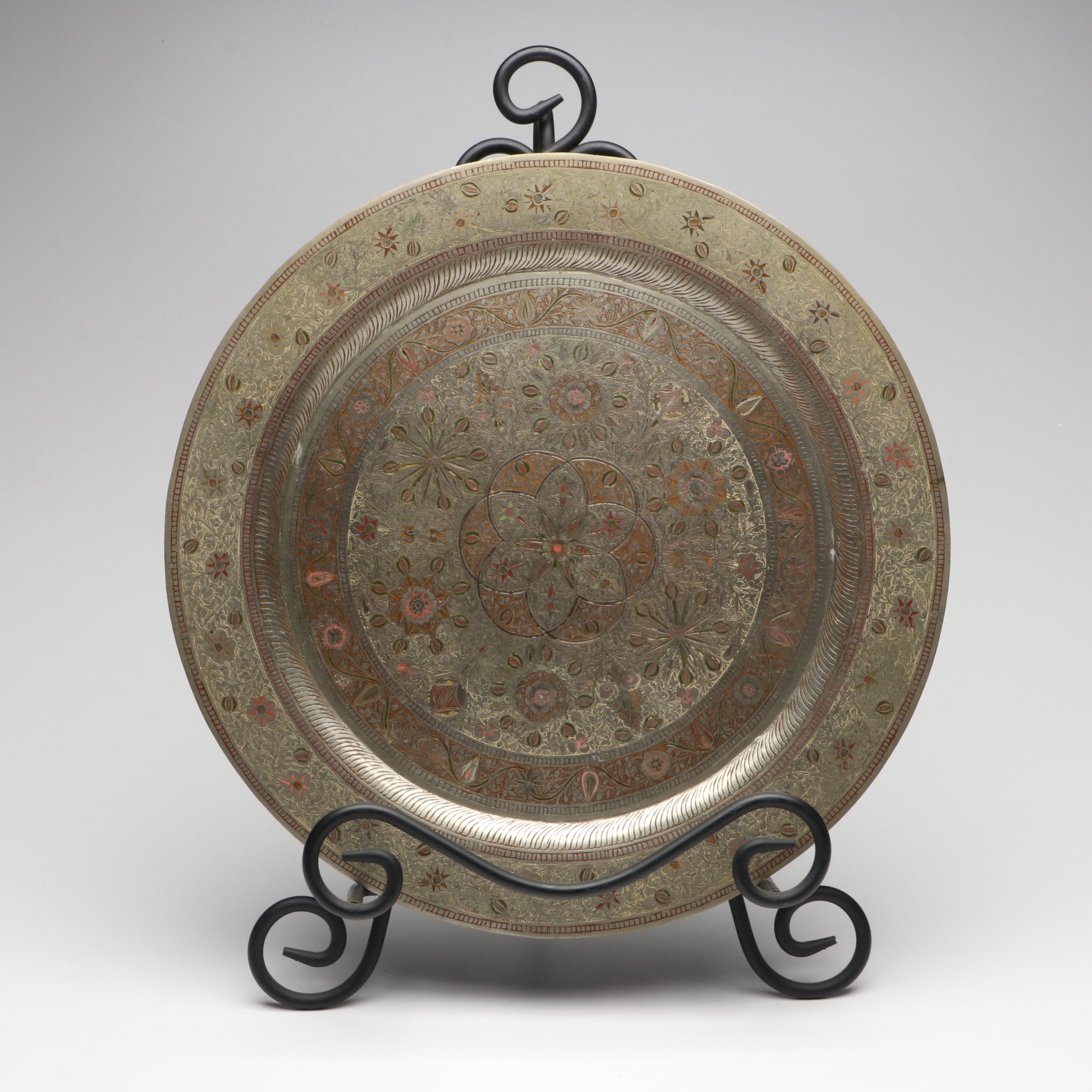 Indian Engraved Brass Vases with Other Chargers and Plaque