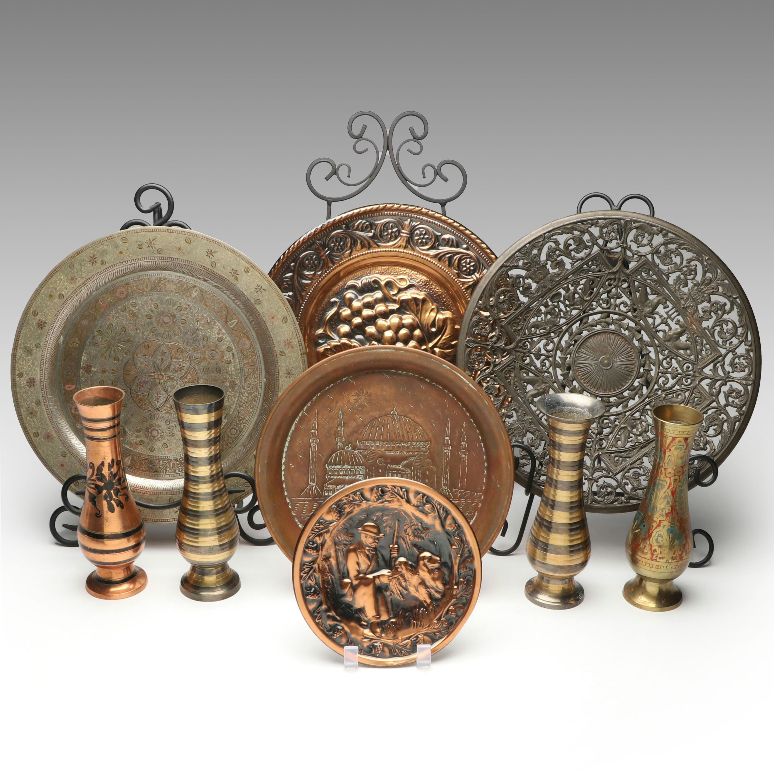 Indian Engraved Brass Vases with Other Chargers and Plaque