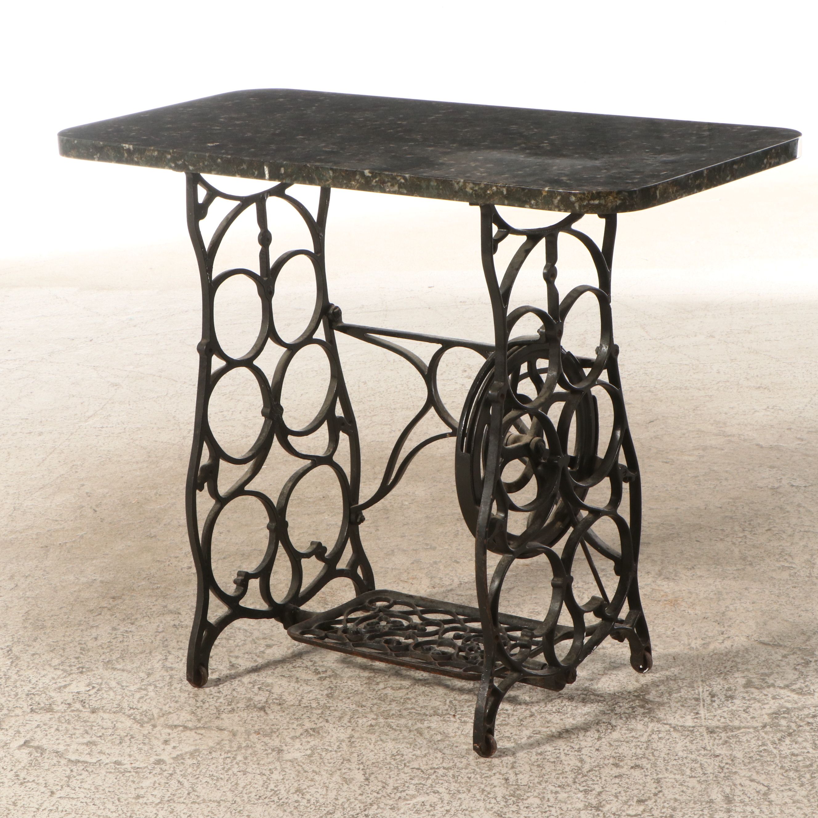 Cast Iron Treadle Sewing Machine Table with Marble Top, Antique and Adapted