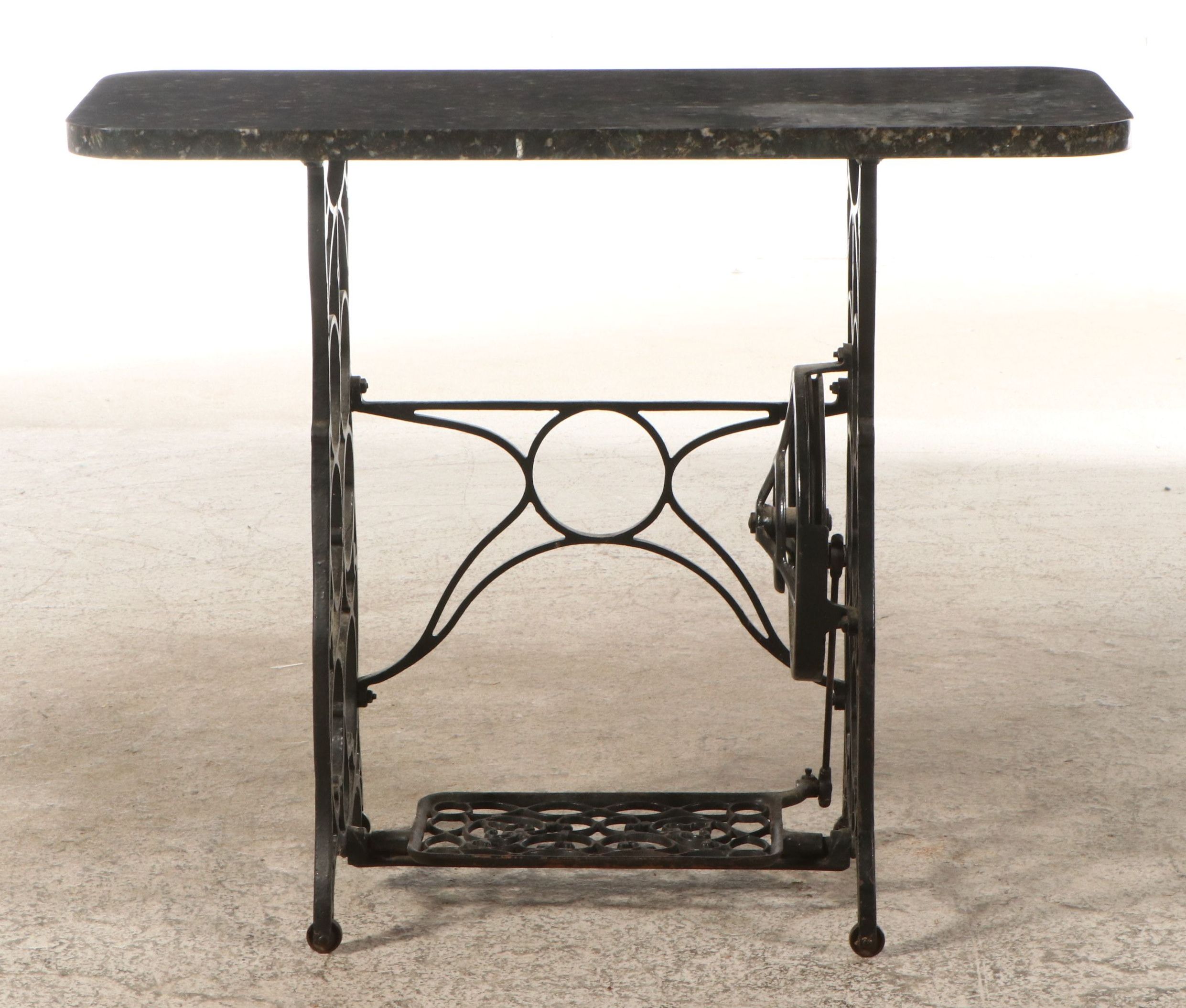 Cast Iron Treadle Sewing Machine Table with Marble Top, Antique and Adapted