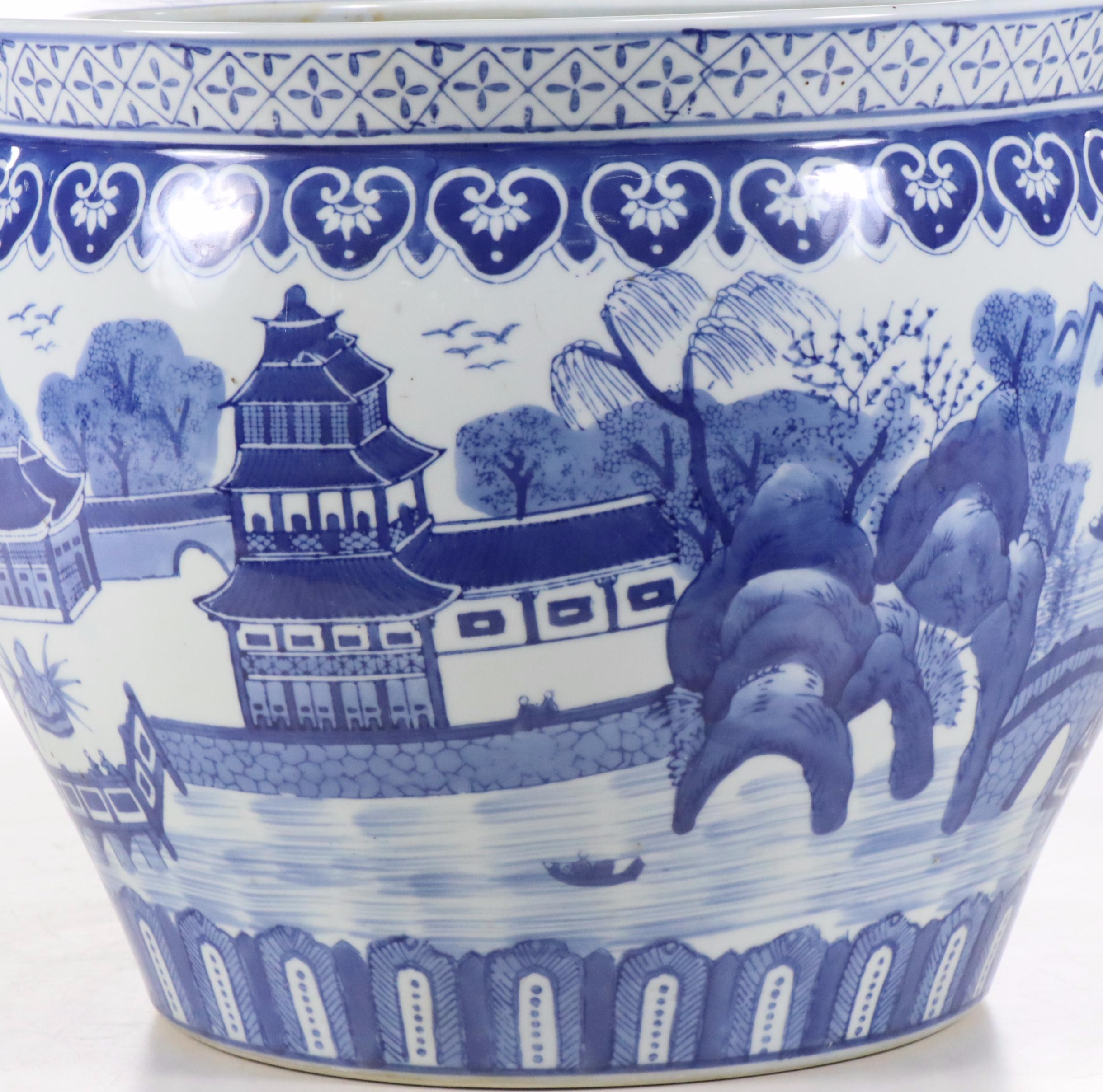 Chinese Blue and White Ceramic Fishbowl Planter