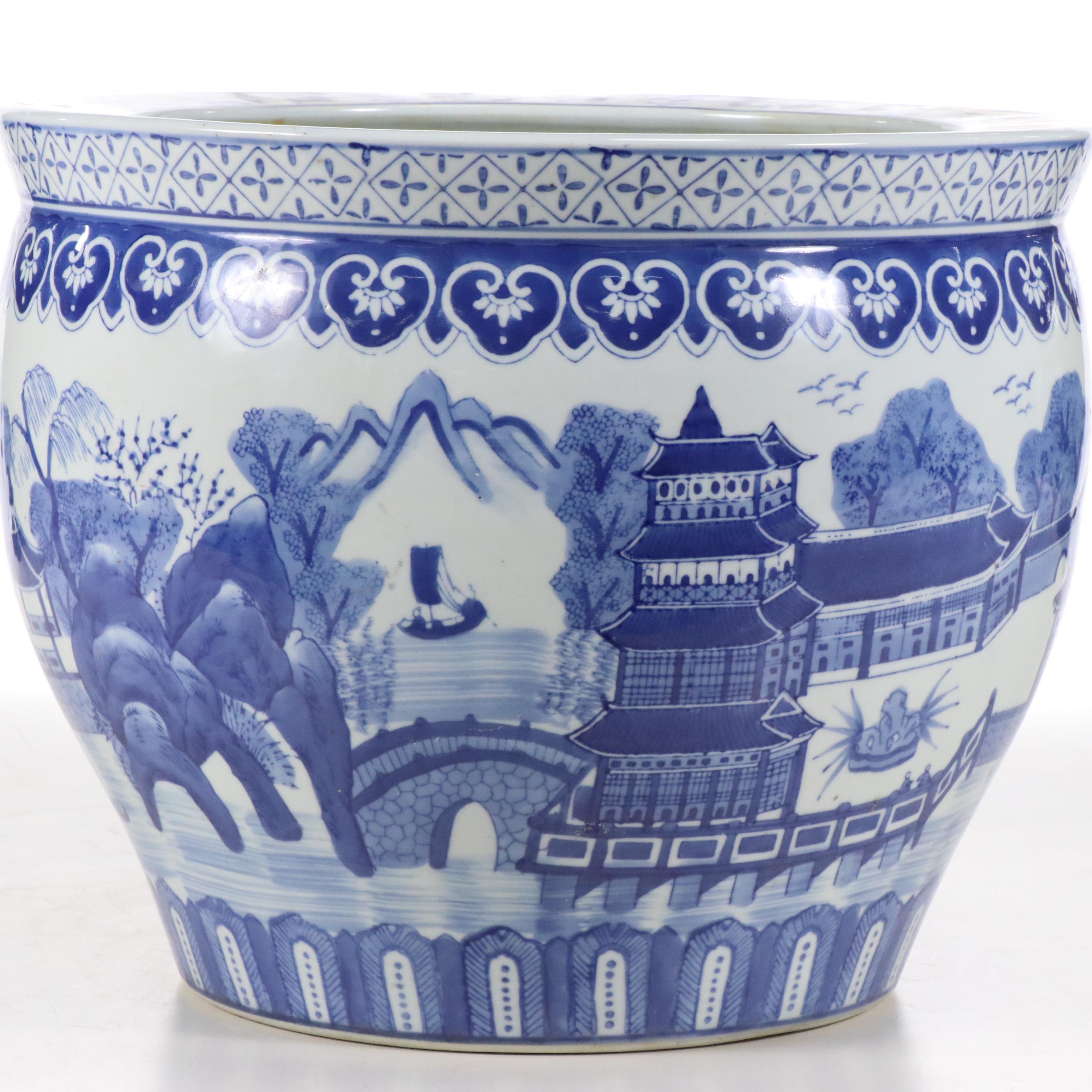 Chinese Blue and White Ceramic Fishbowl Planter