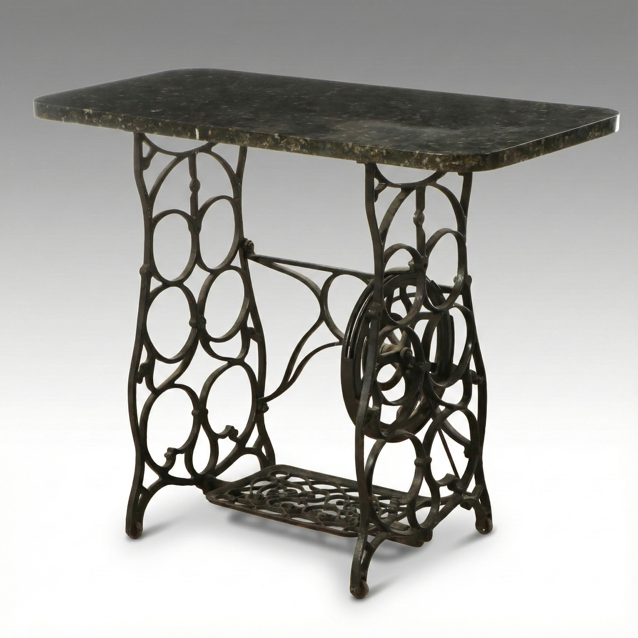 Cast Iron Treadle Sewing Machine Table with Marble Top, Antique and Adapted