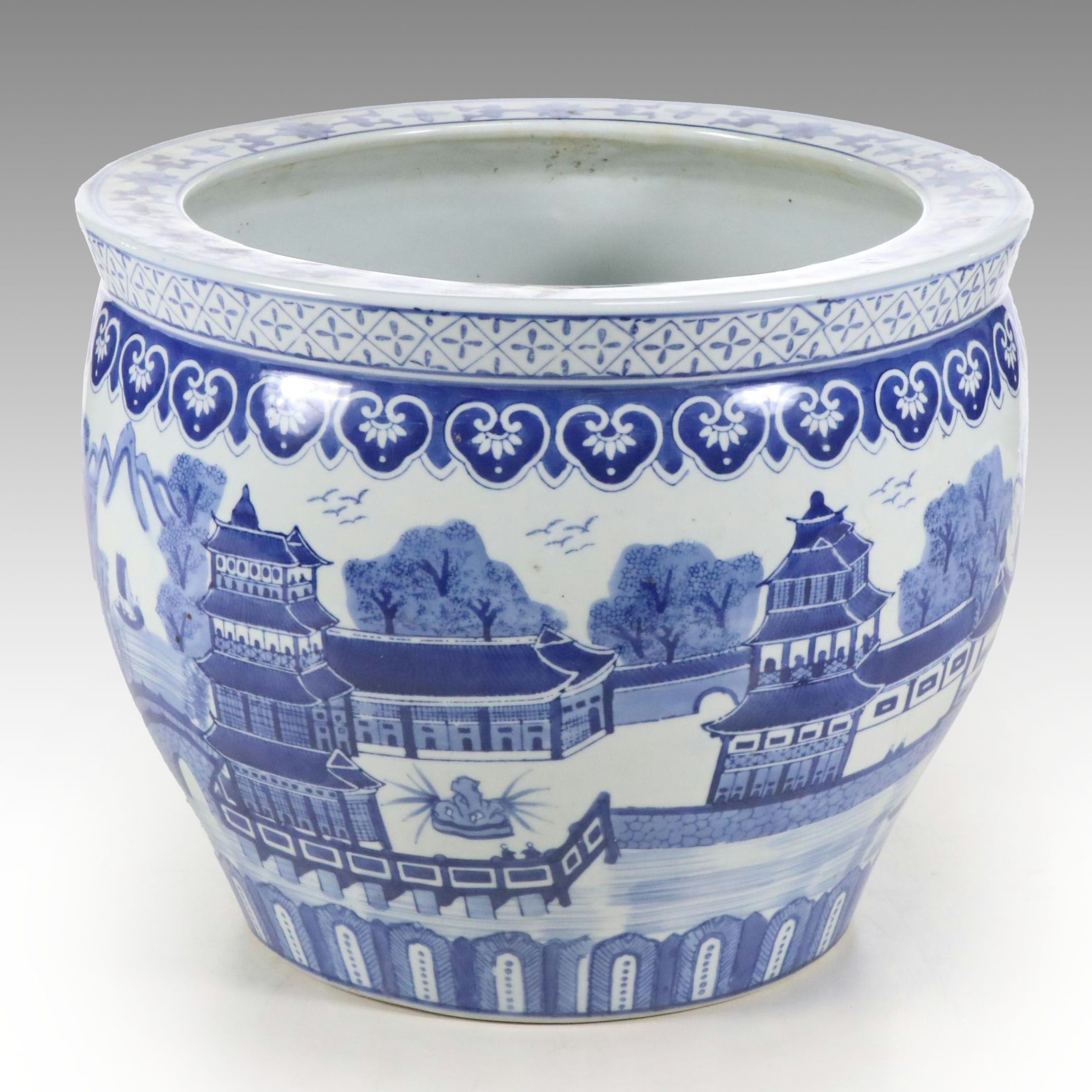 Chinese Blue and White Ceramic Fishbowl Planter