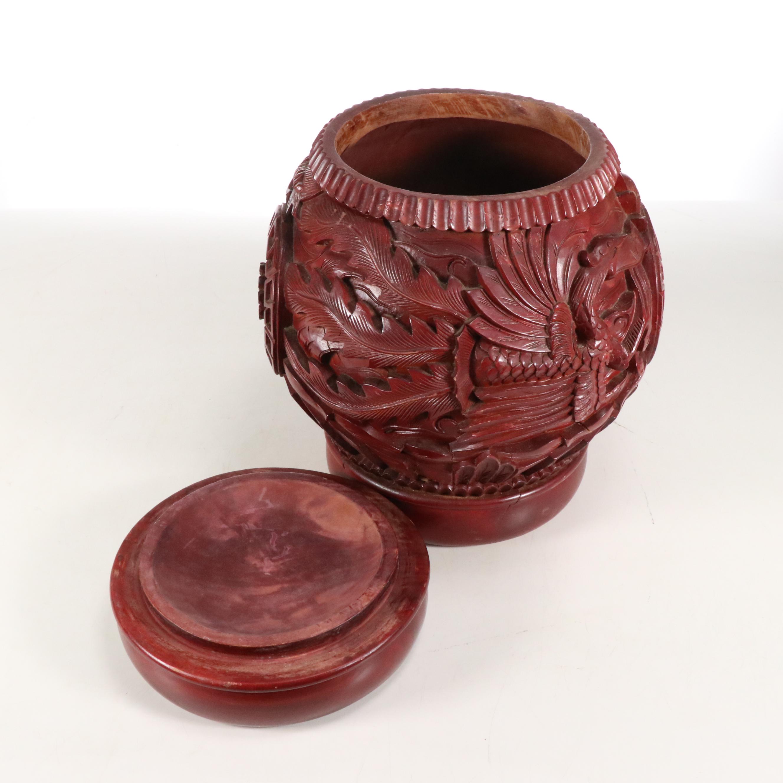 Chinese Style Red Dragon Lacquered Wood Jar