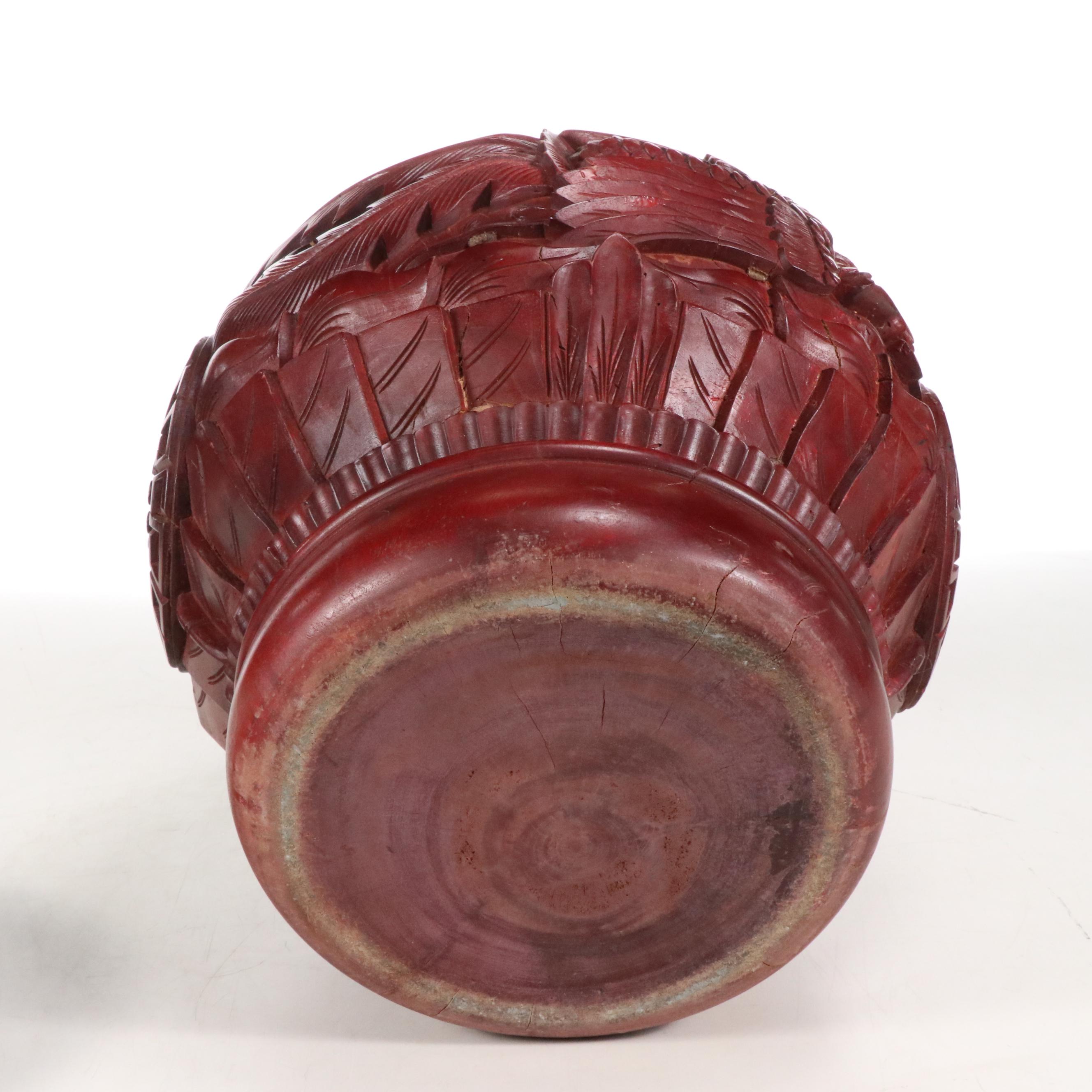 Chinese Style Red Dragon Lacquered Wood Jar