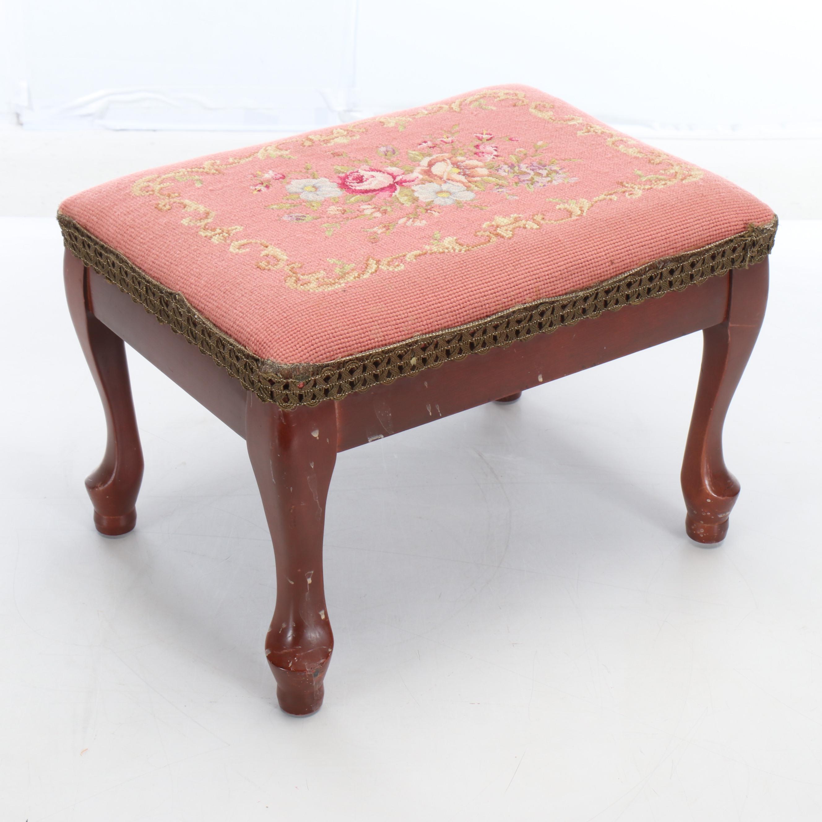 Cabriole Leg Needlepoint Floral Footrest