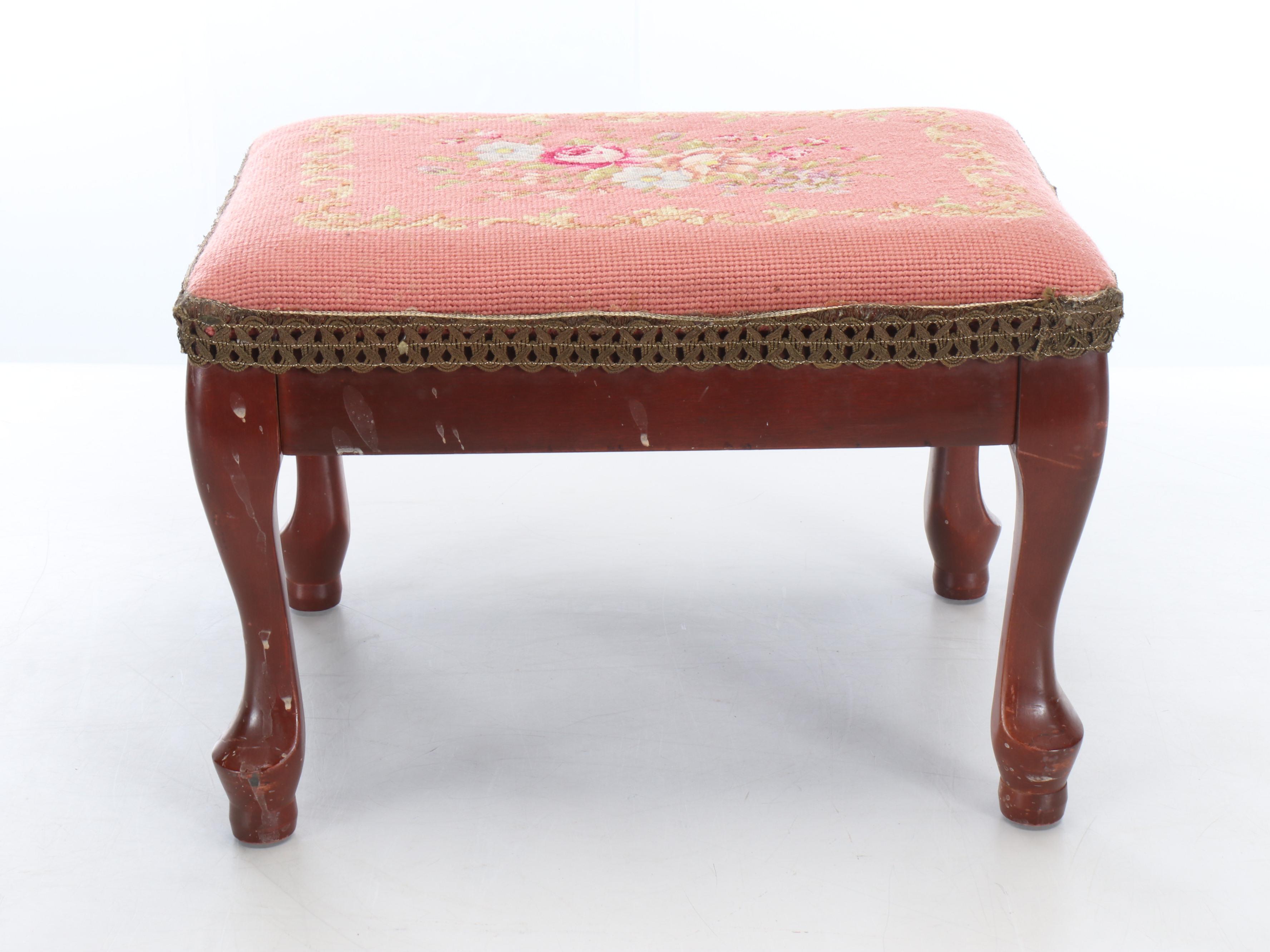 Cabriole Leg Needlepoint Floral Footrest