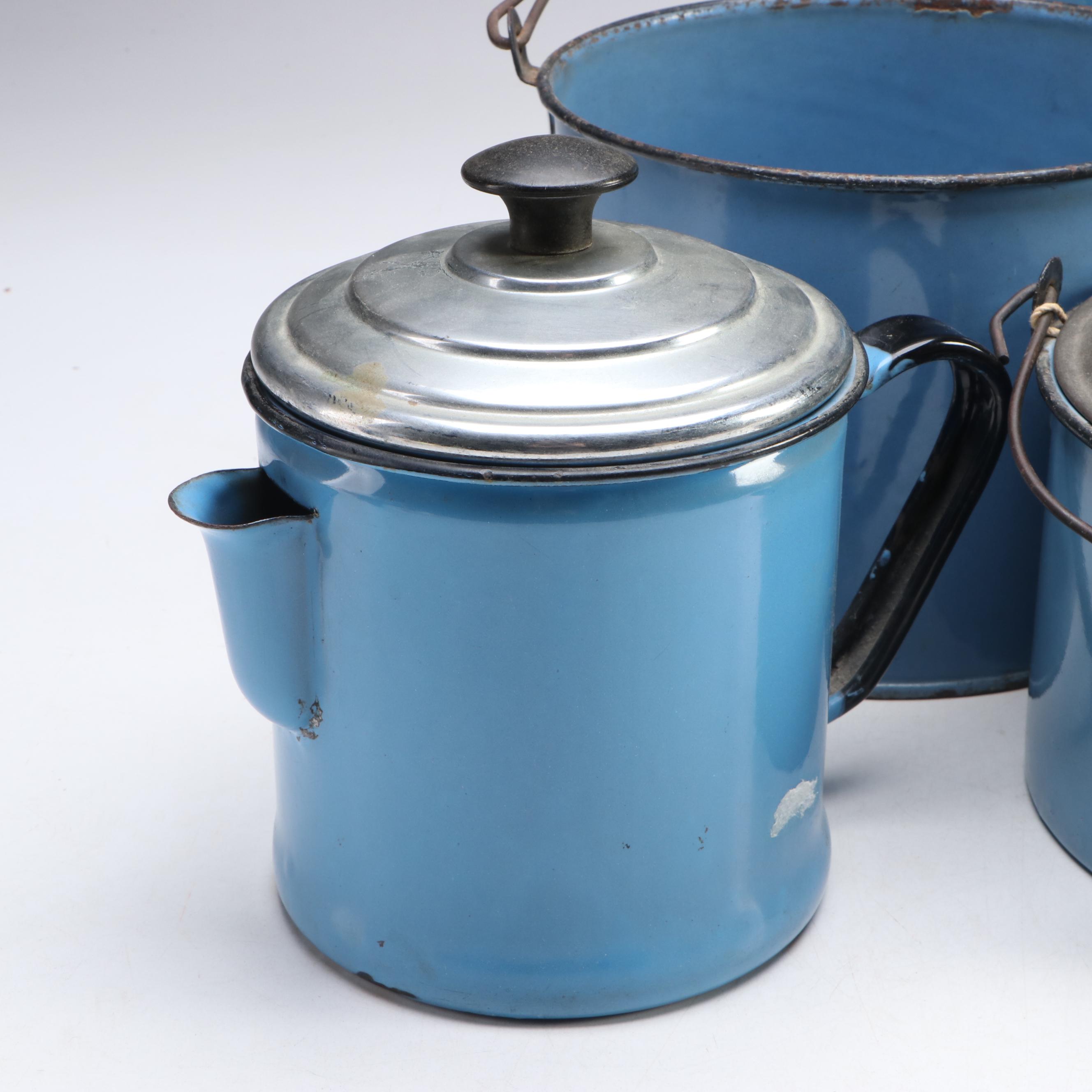 Blue Enamelware Handled Canisters and Spoon with Other Food Storage