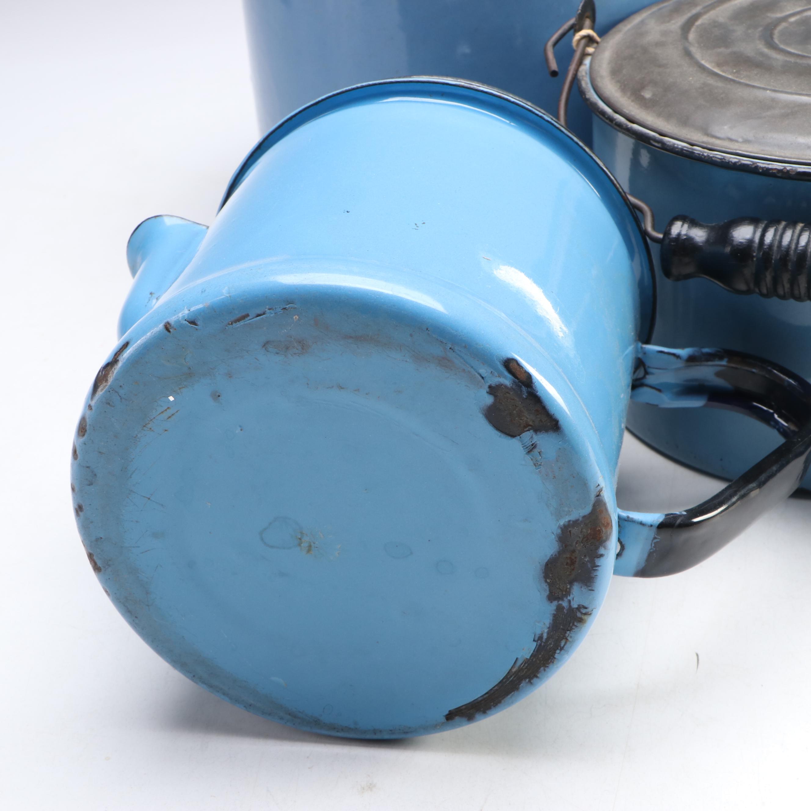 Blue Enamelware Handled Canisters and Spoon with Other Food Storage