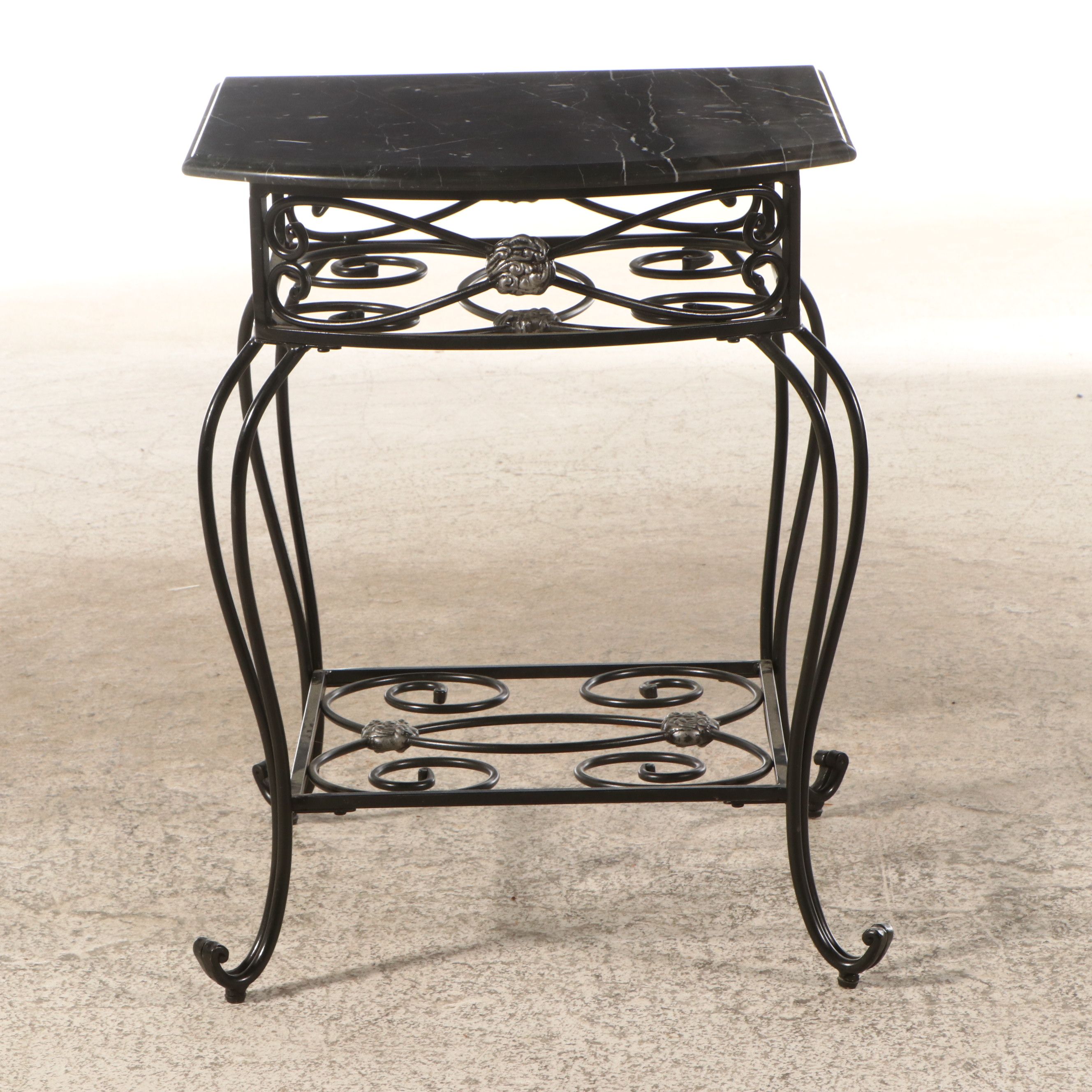 Neoclassical Style Marble Top Wrought Iron End Table