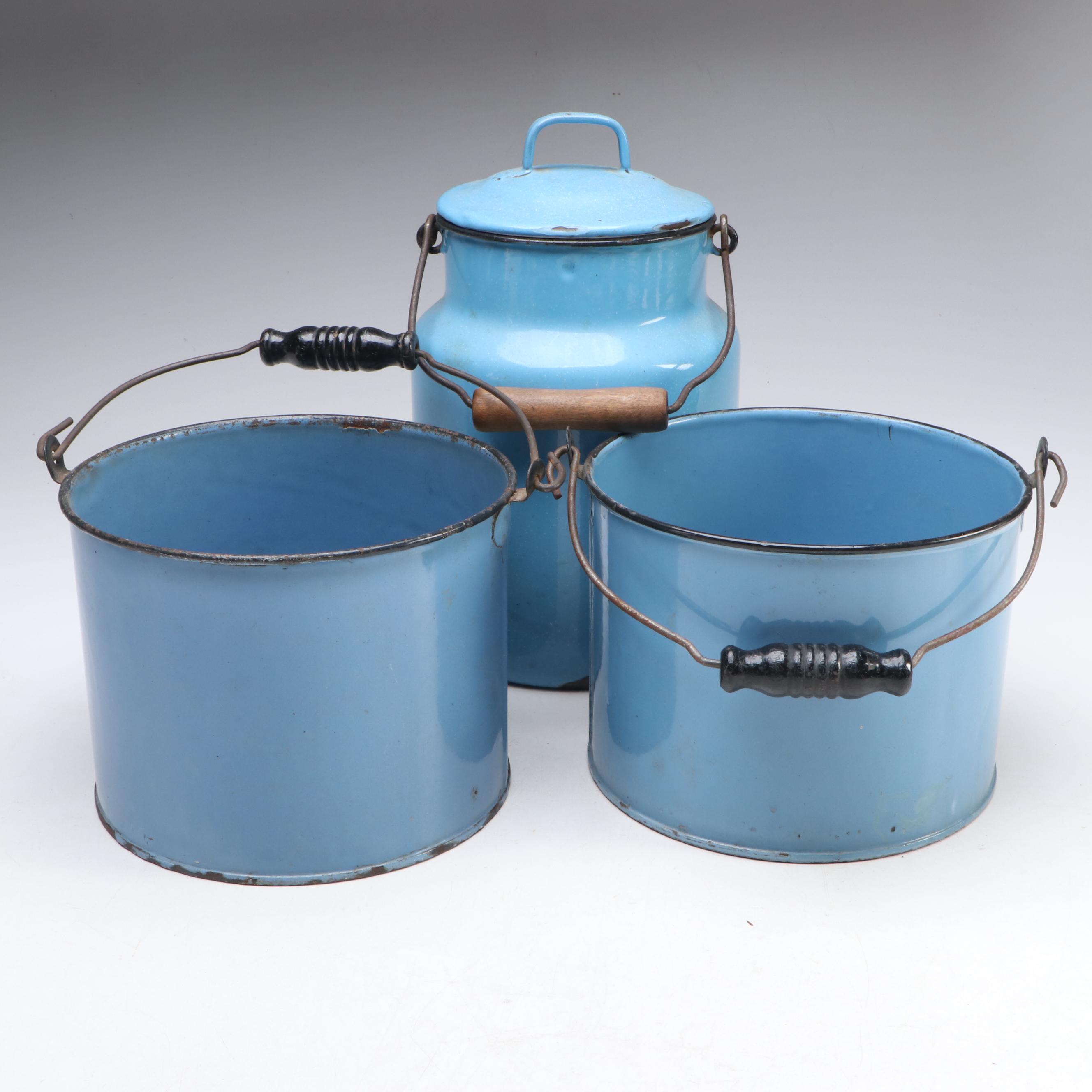 Blue Enamelware Handled Canisters and Spoon with Other Food Storage