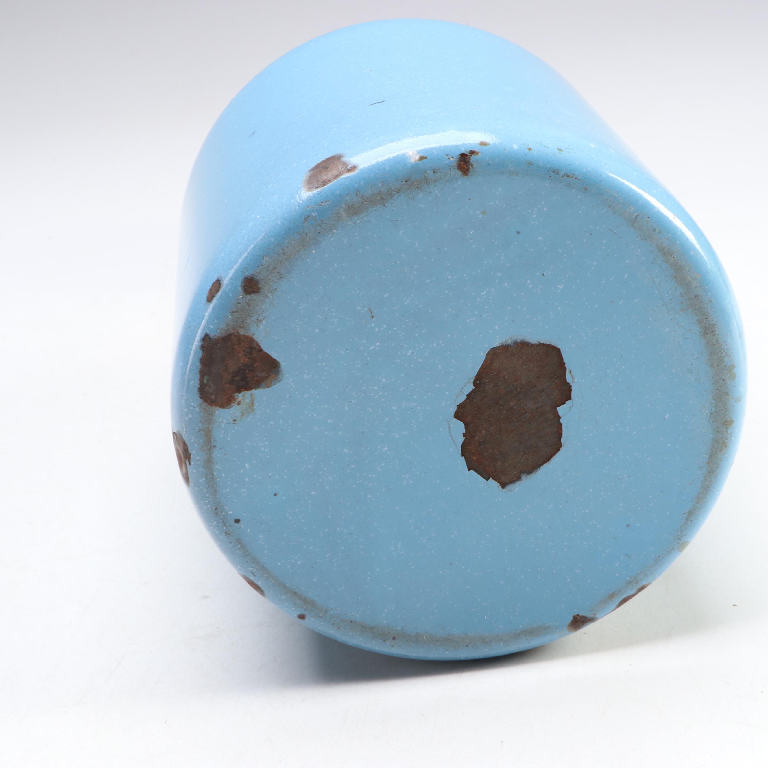 Blue Enamelware Handled Canisters and Spoon with Other Food Storage