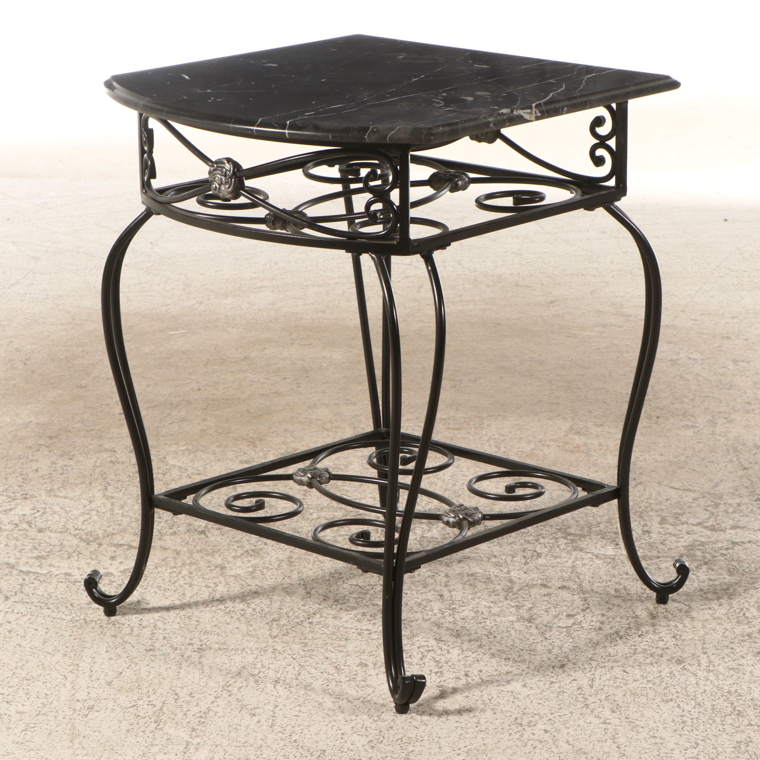 Neoclassical Style Marble Top Wrought Iron End Table