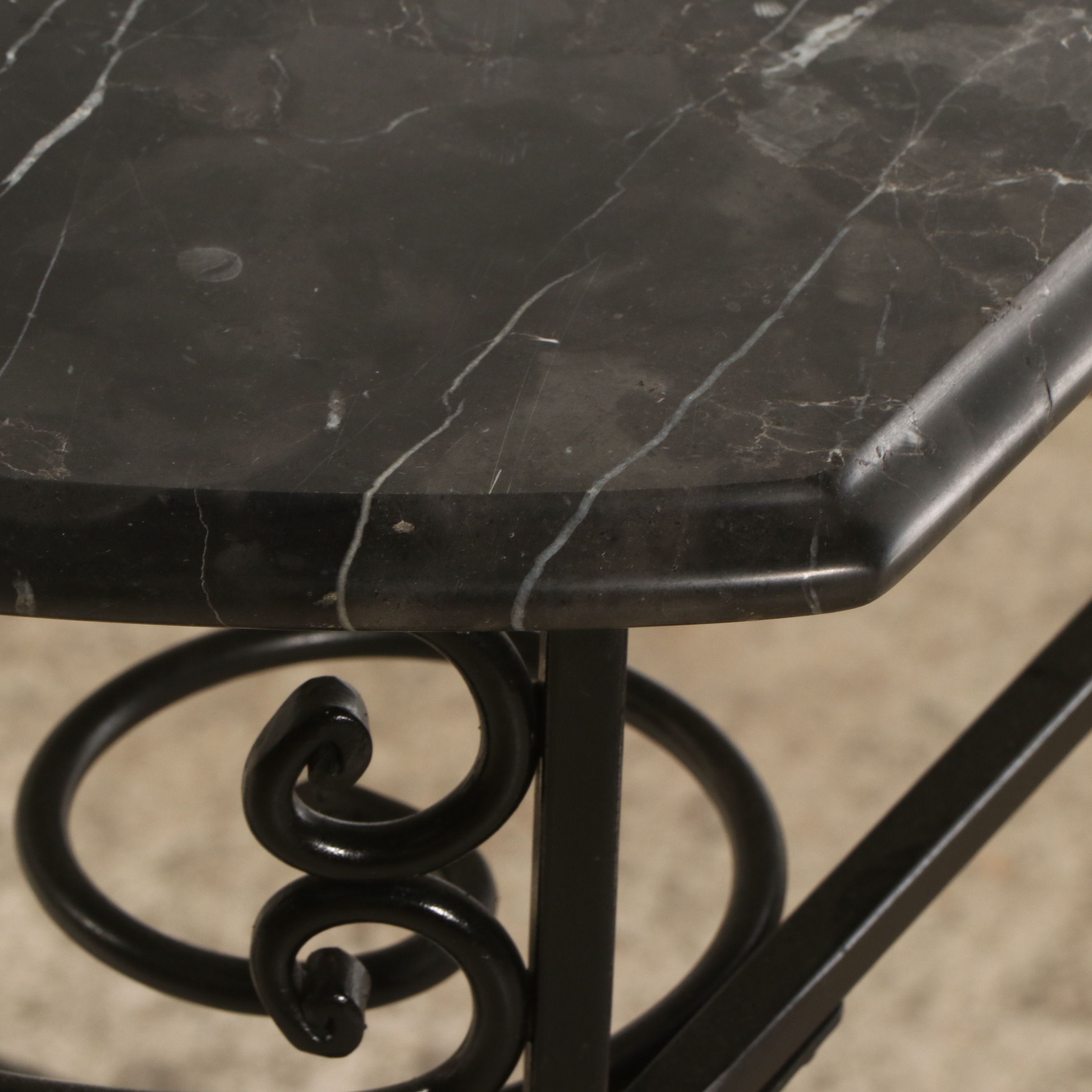 Neoclassical Style Marble Top Wrought Iron End Table