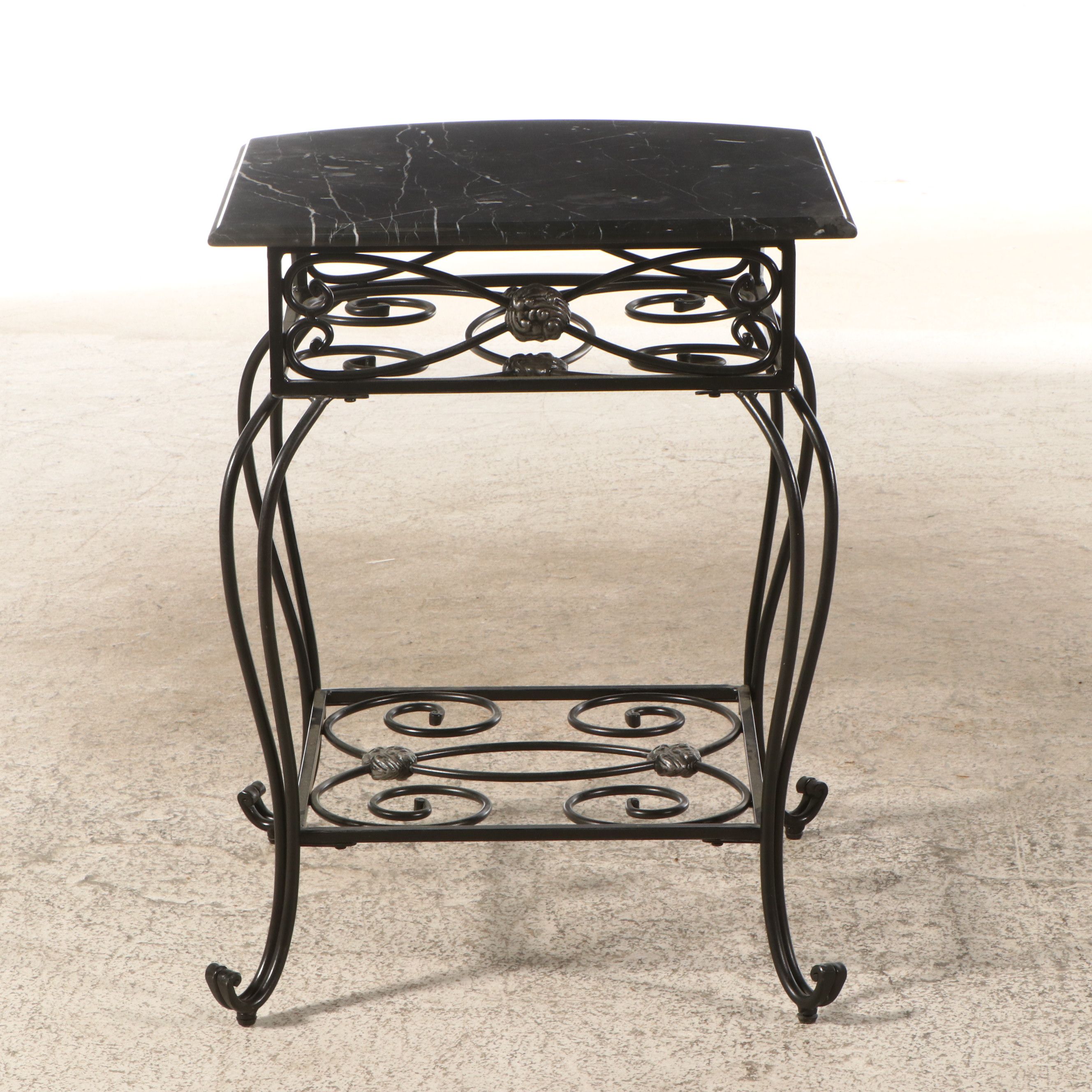 Neoclassical Style Marble Top Wrought Iron End Table
