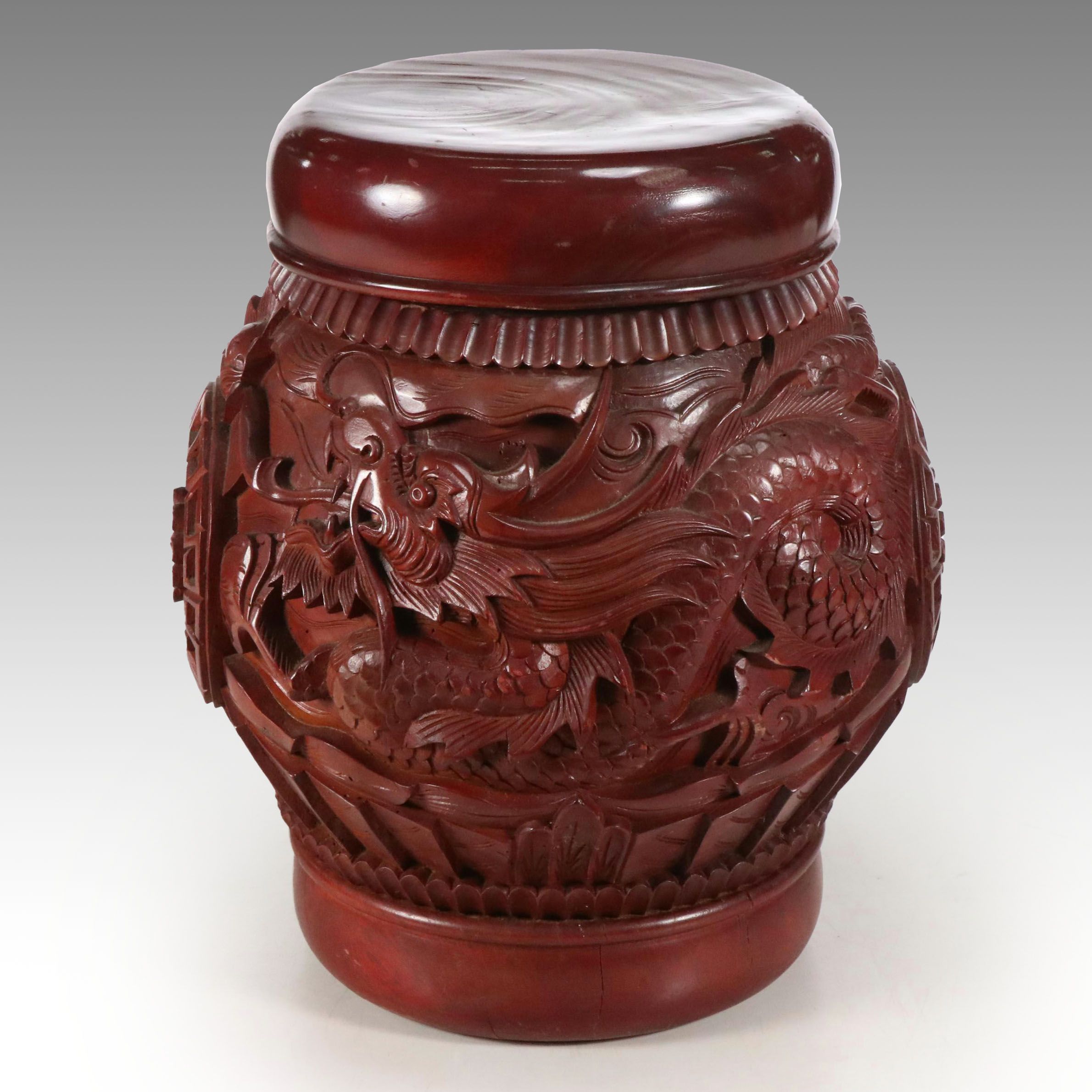 Chinese Style Red Dragon Lacquered Wood Jar