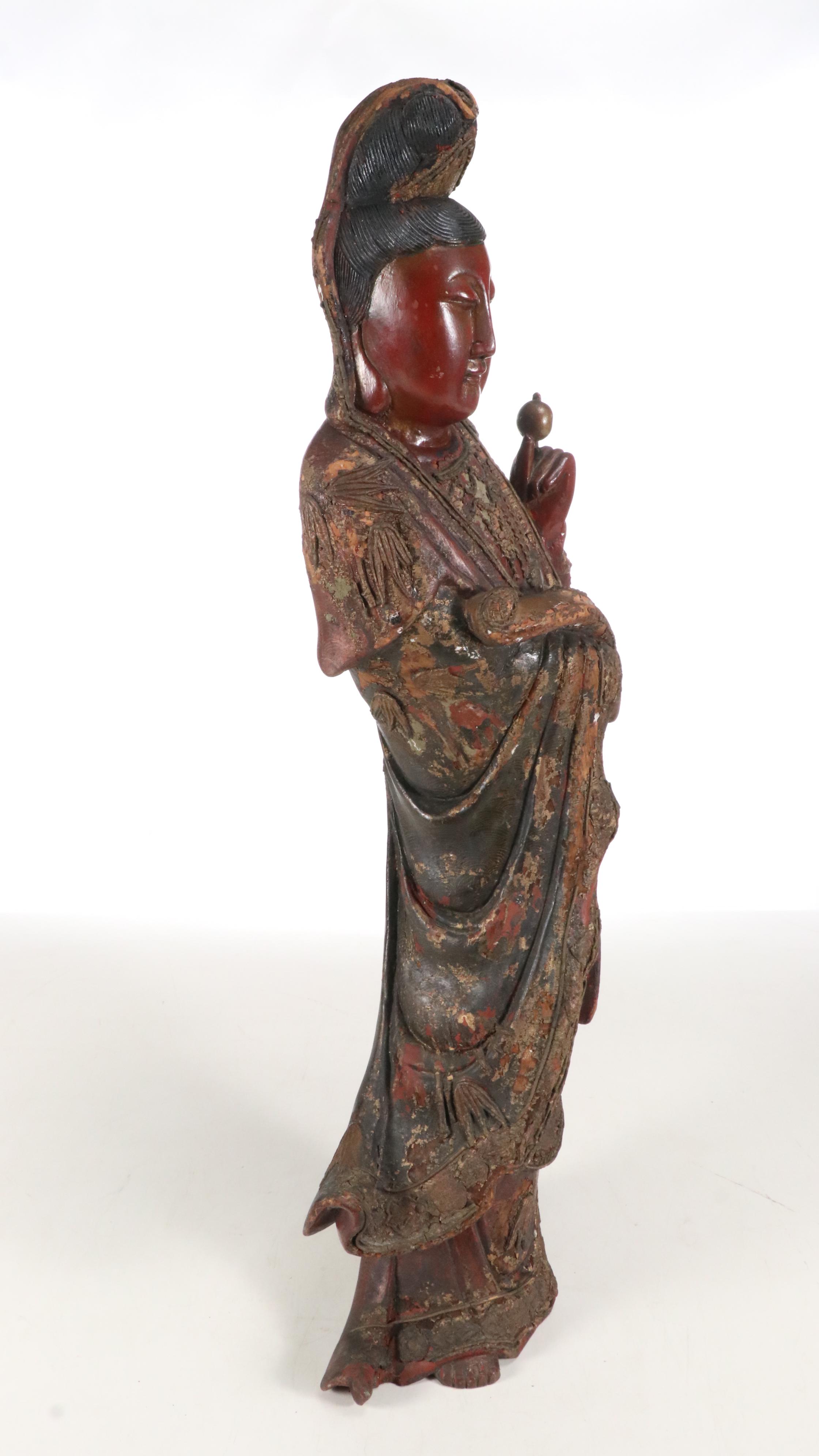 Chinese Qing Dynasty Carved & Lacquered Wood Figure of Guanyin, Antique