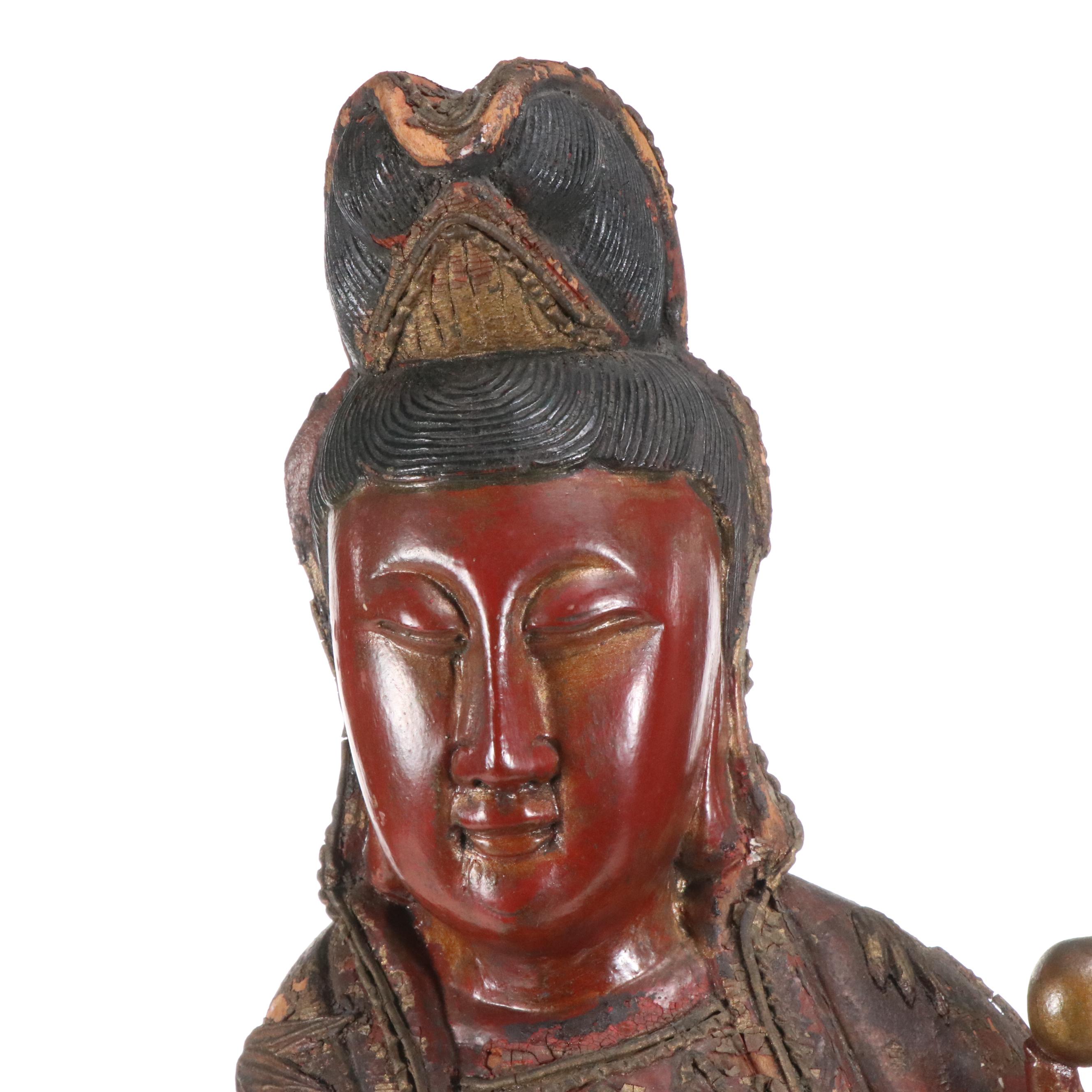 Chinese Qing Dynasty Carved & Lacquered Wood Figure of Guanyin, Antique