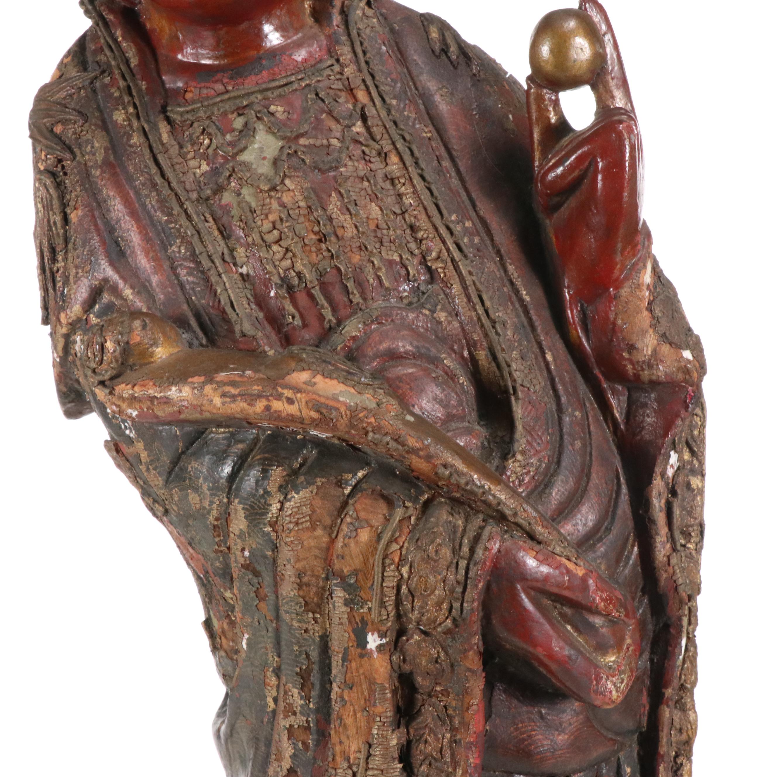 Chinese Qing Dynasty Carved & Lacquered Wood Figure of Guanyin, Antique
