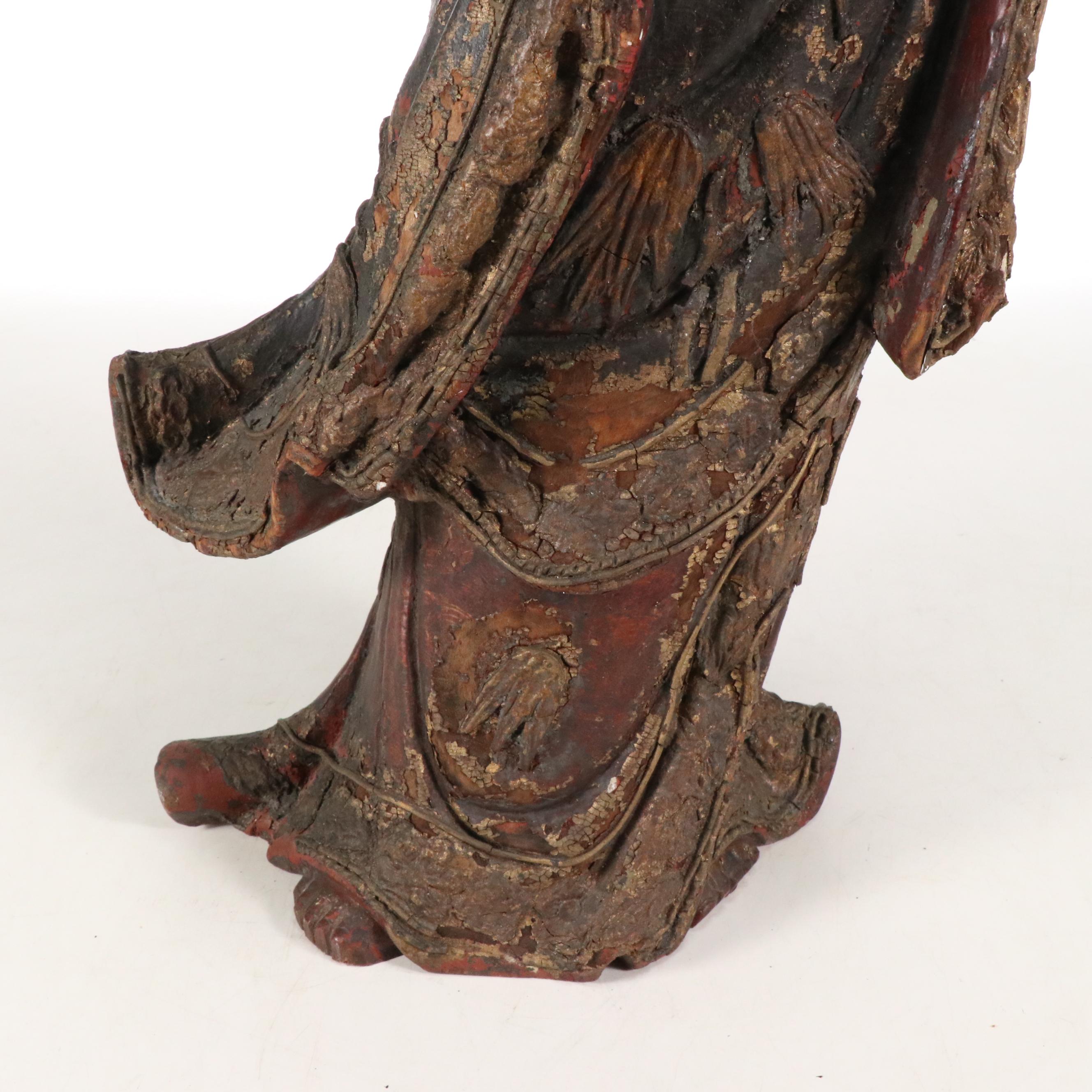 Chinese Qing Dynasty Carved & Lacquered Wood Figure of Guanyin, Antique