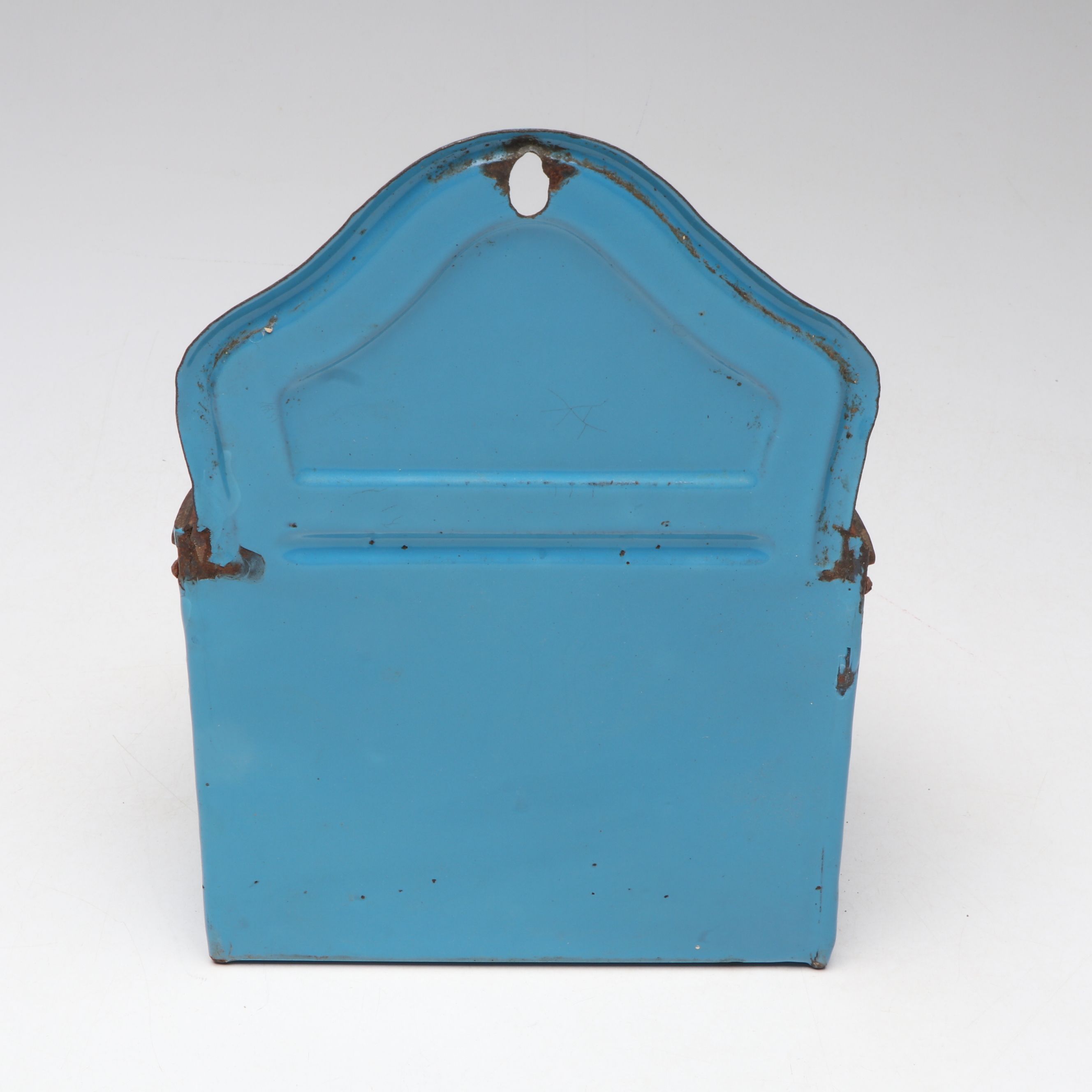 Blue Enamelware Wall Mount Salt Box with Colander and Other Kitchen Tools
