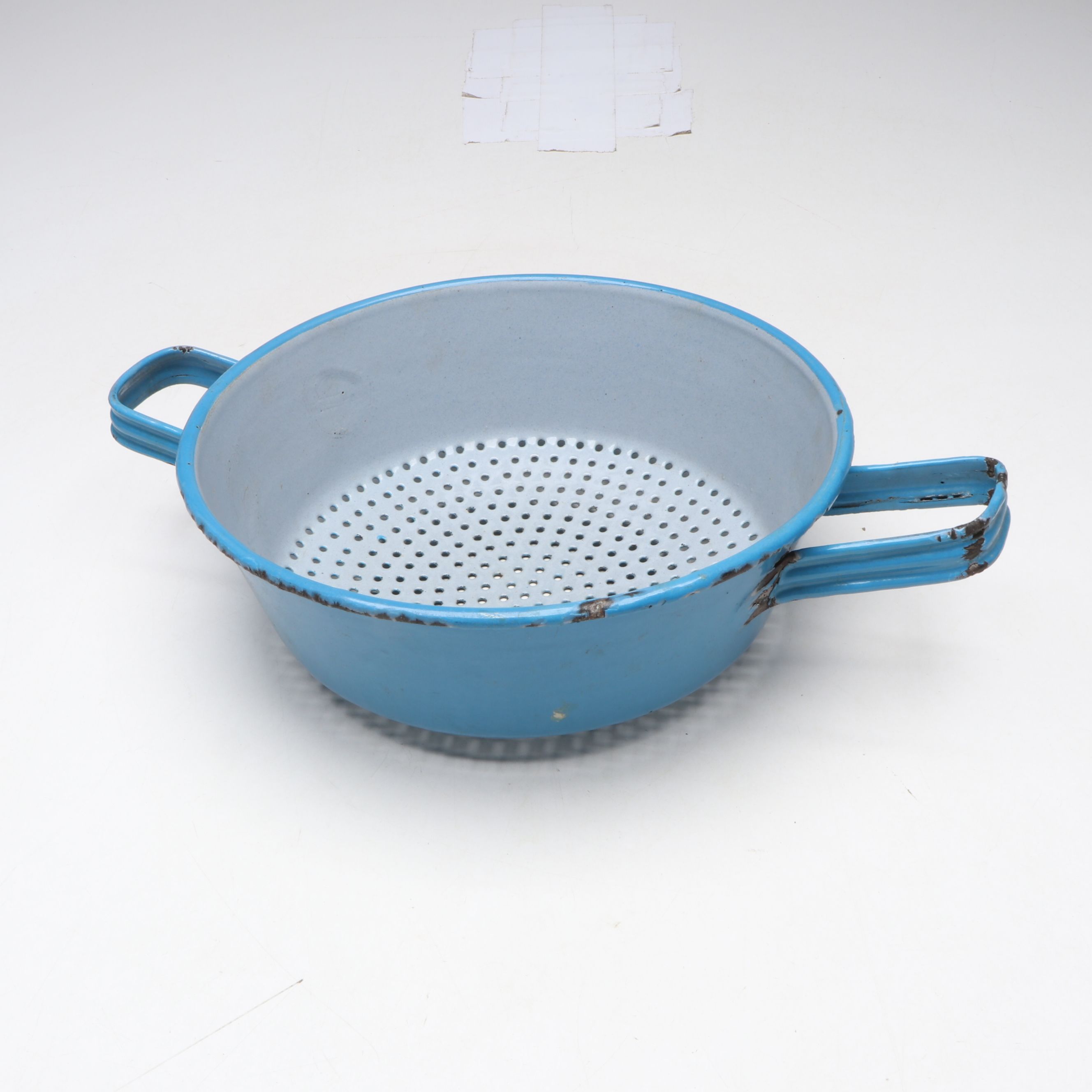 Blue Enamelware Wall Mount Salt Box with Colander and Other Kitchen Tools