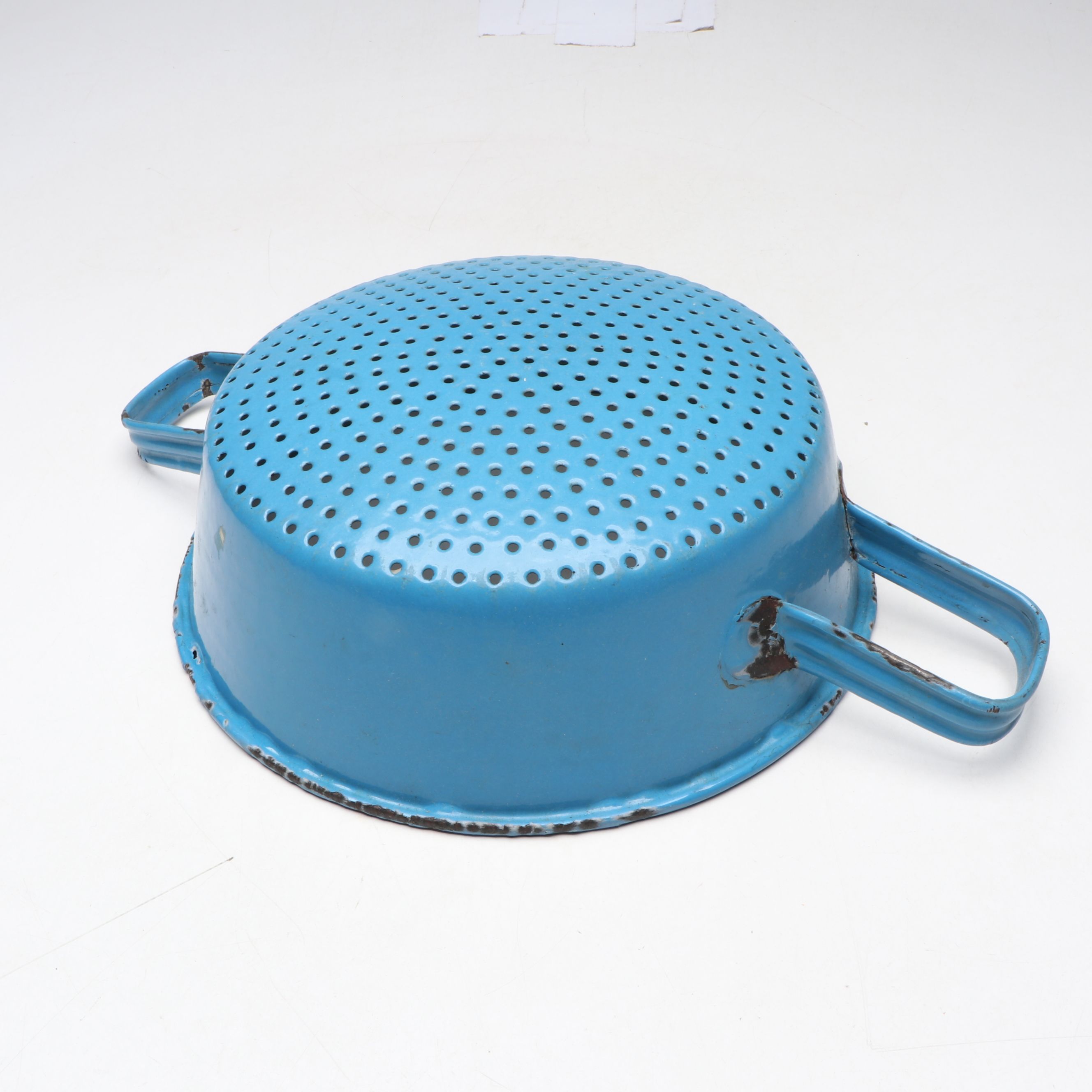 Blue Enamelware Wall Mount Salt Box with Colander and Other Kitchen Tools