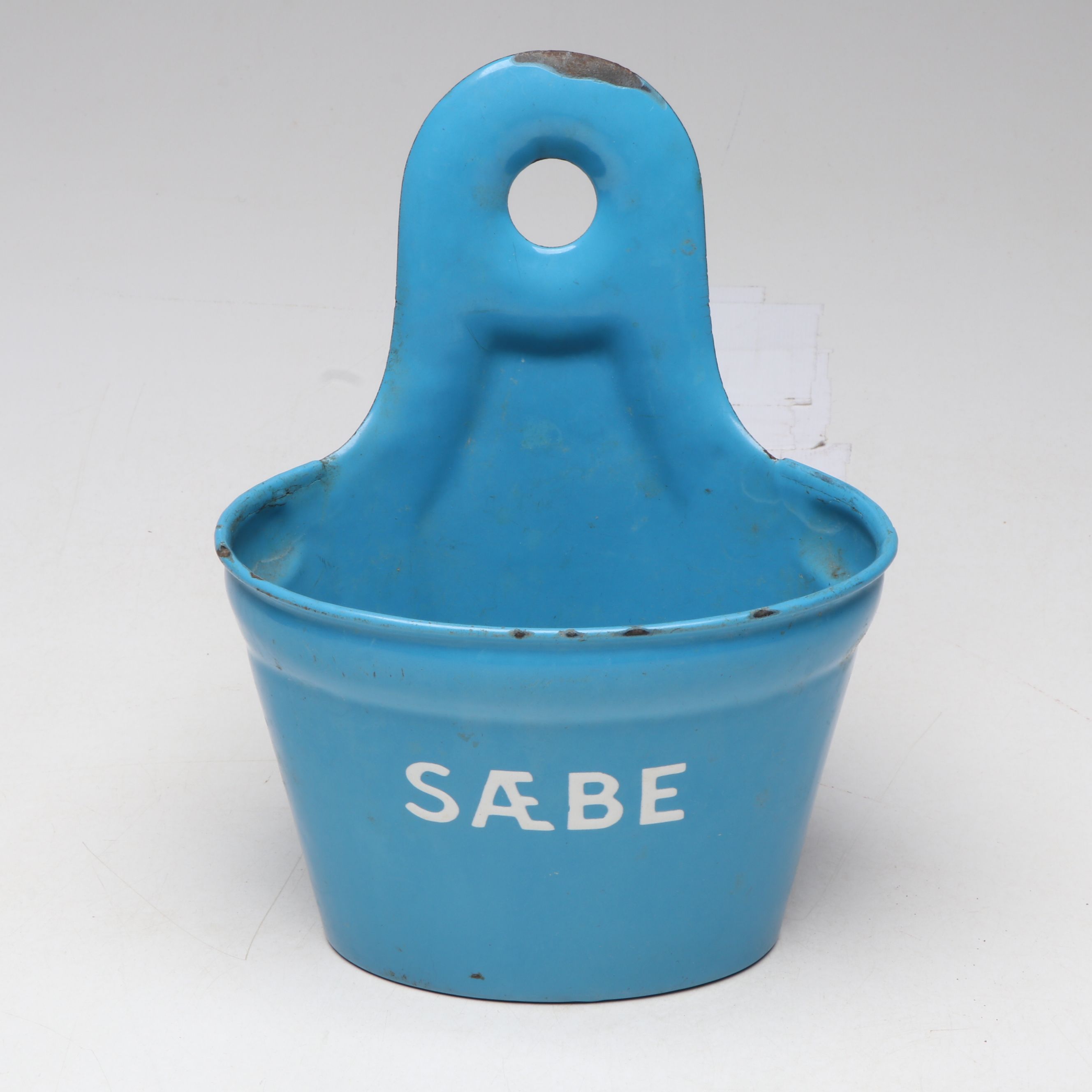 Blue Enamelware Wall Mount Salt Box with Colander and Other Kitchen Tools