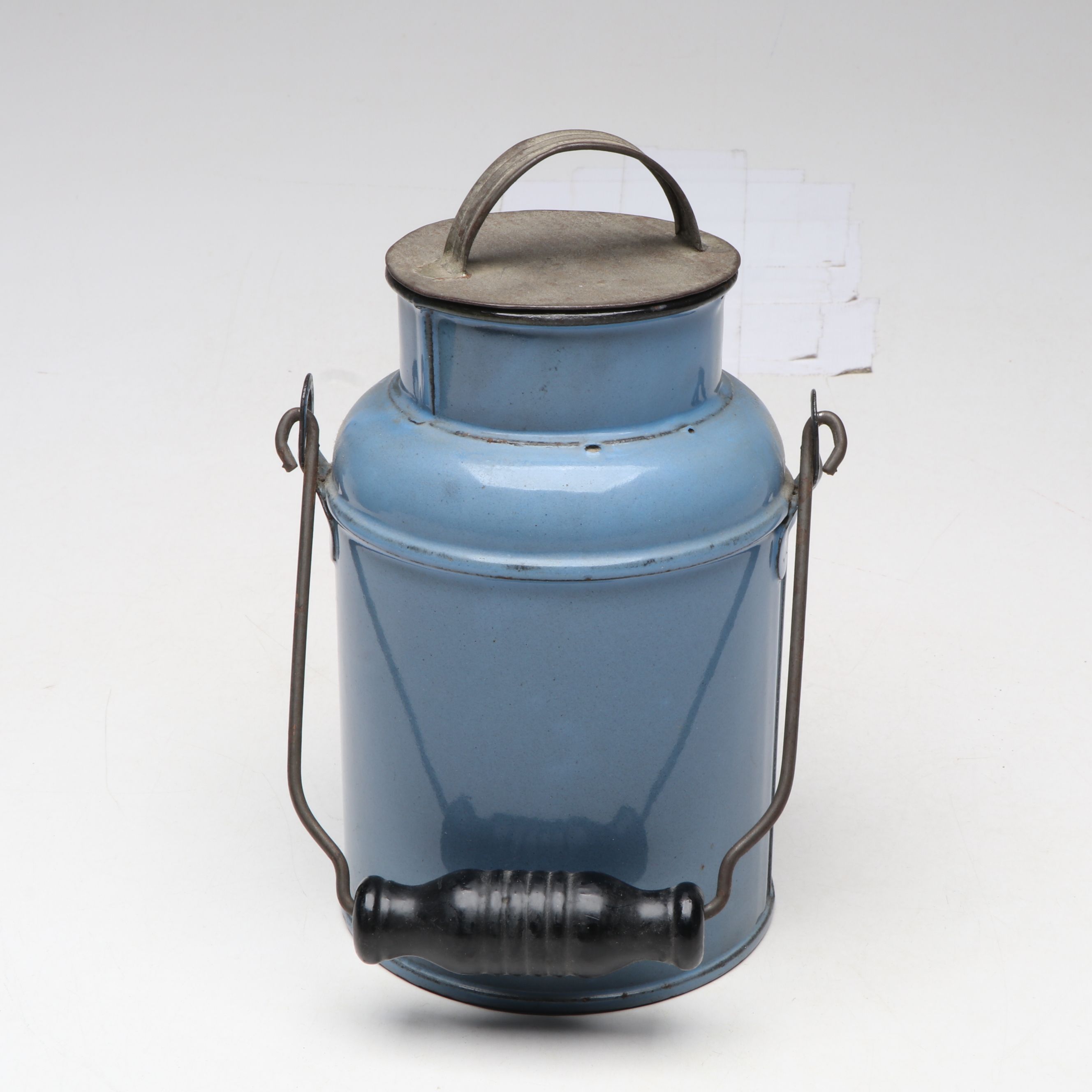 Blue Enamelware Wall Mount Salt Box with Colander and Other Kitchen Tools