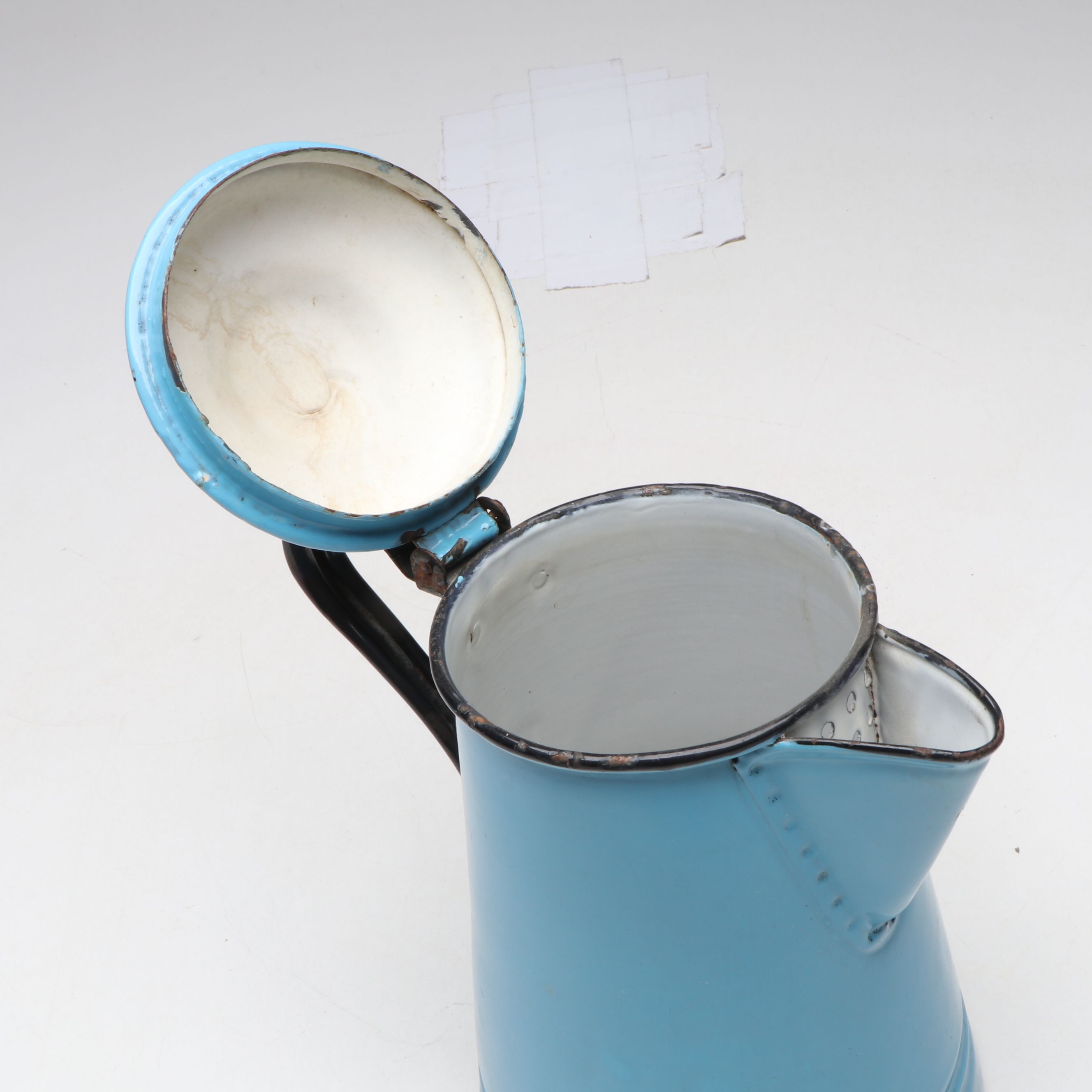 Blue Enamelware Wall Mount Salt Box with Colander and Other Kitchen Tools