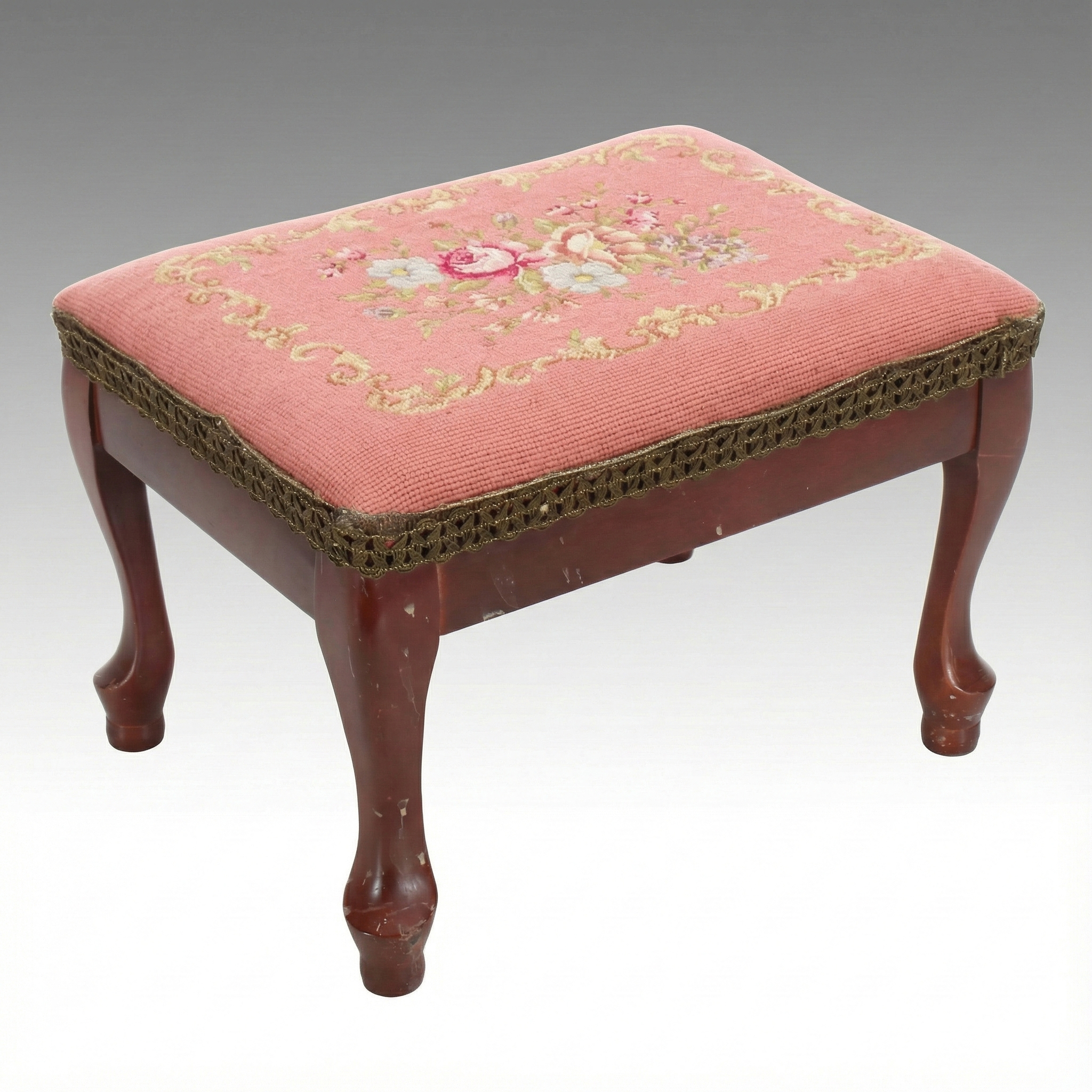 Cabriole Leg Needlepoint Floral Footrest