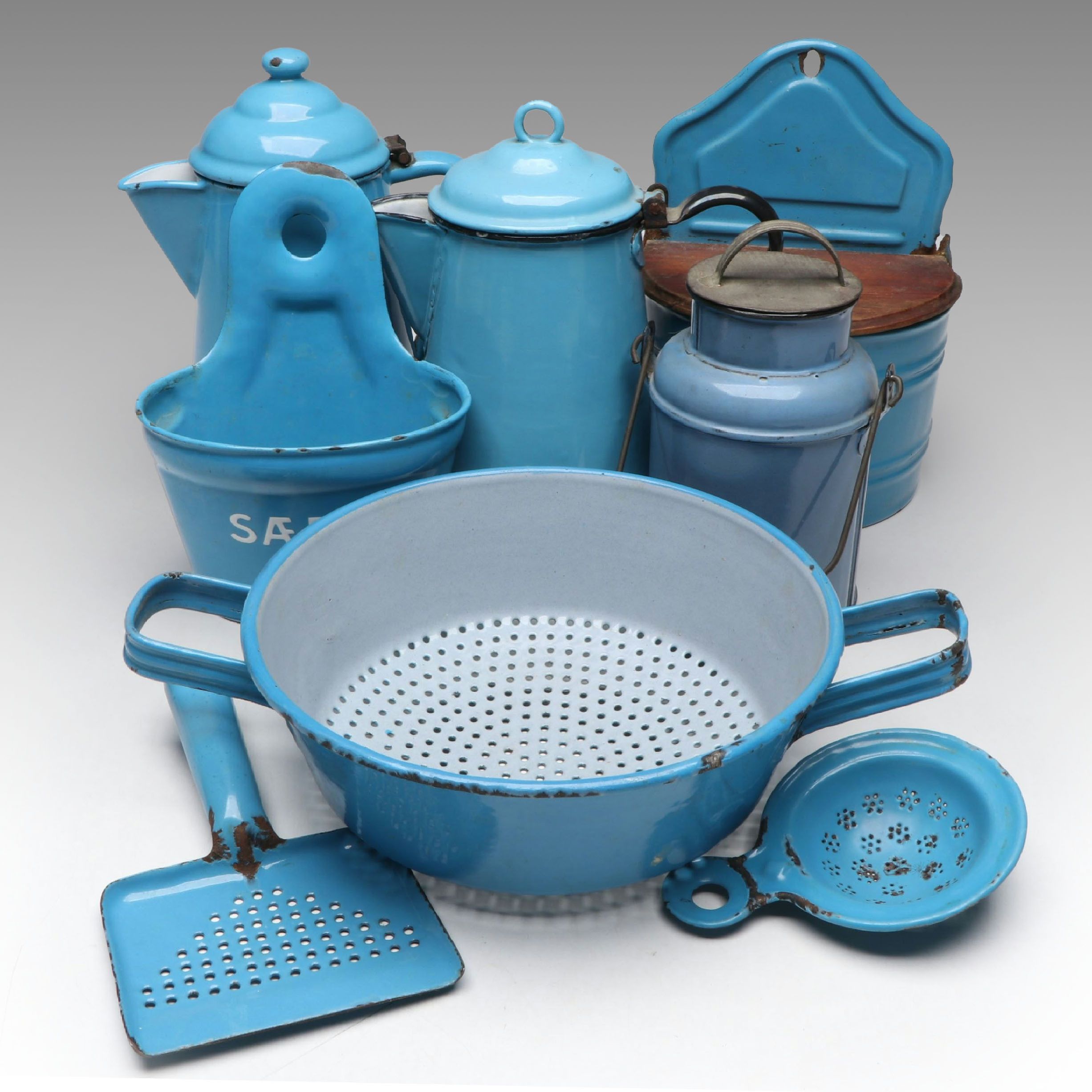 Blue Enamelware Wall Mount Salt Box with Colander and Other Kitchen Tools