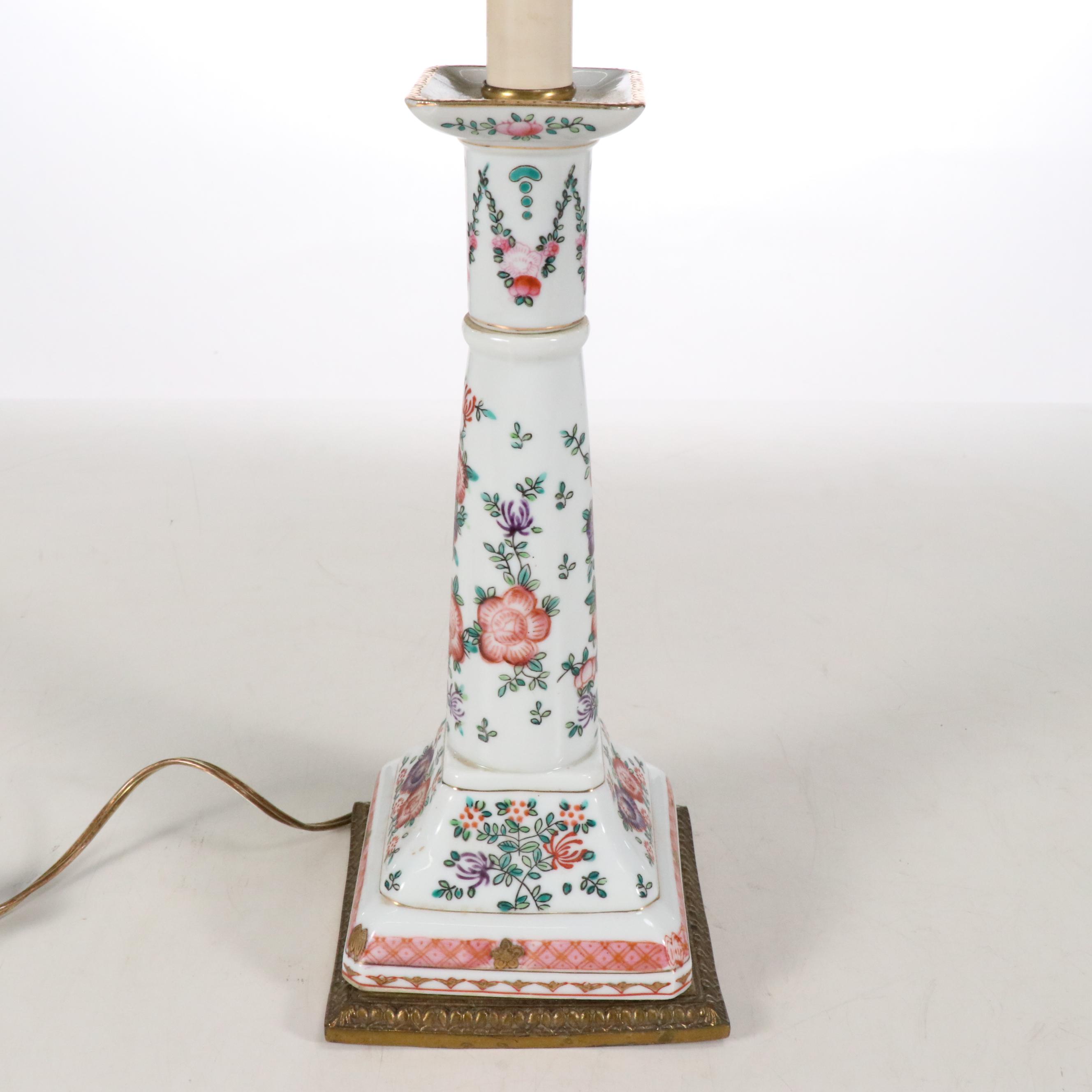 Floral Gilt Porcelain Candlestick Table Lamp