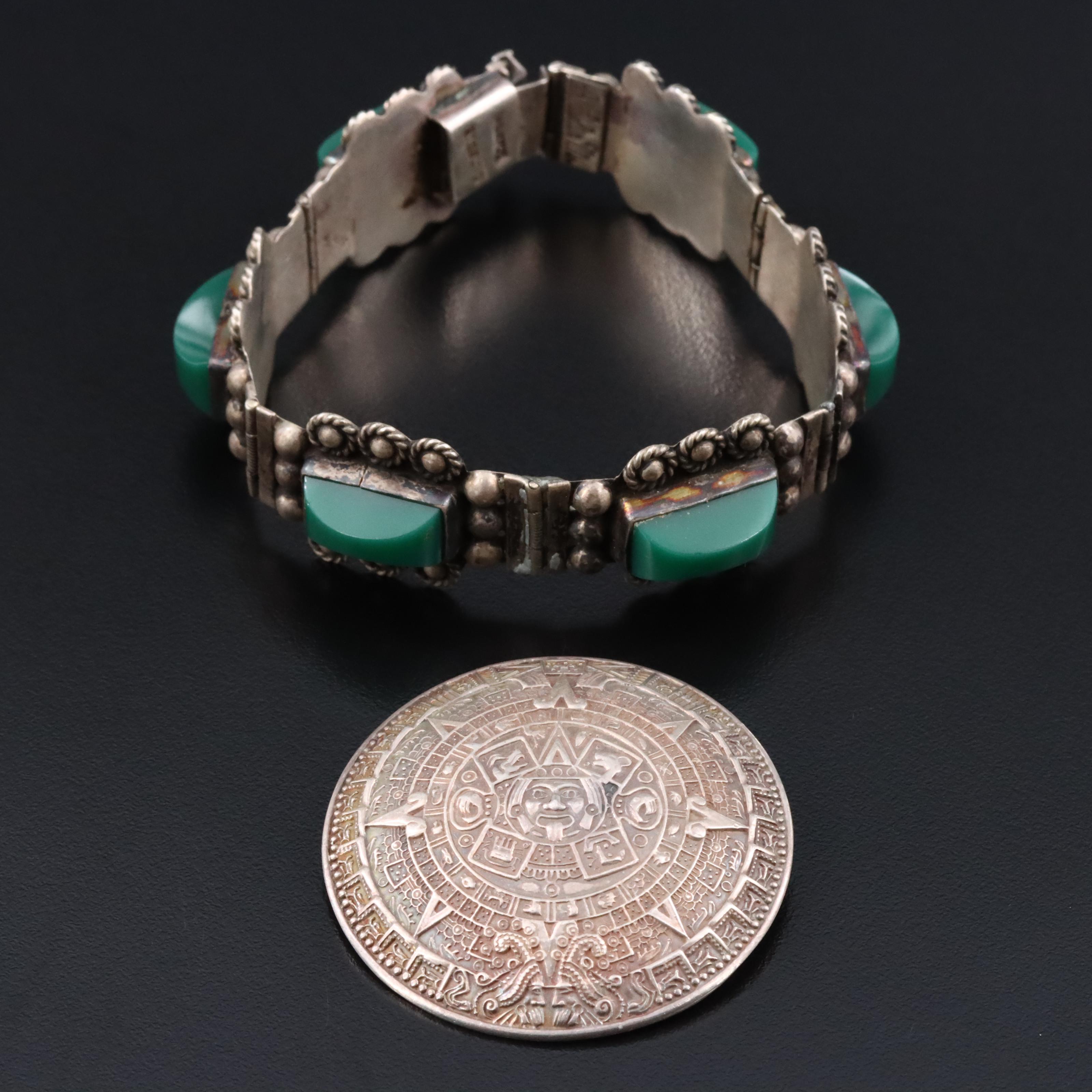 Sterling Mexican Glass Bracelet and Aztec Calendar Converter Brooch