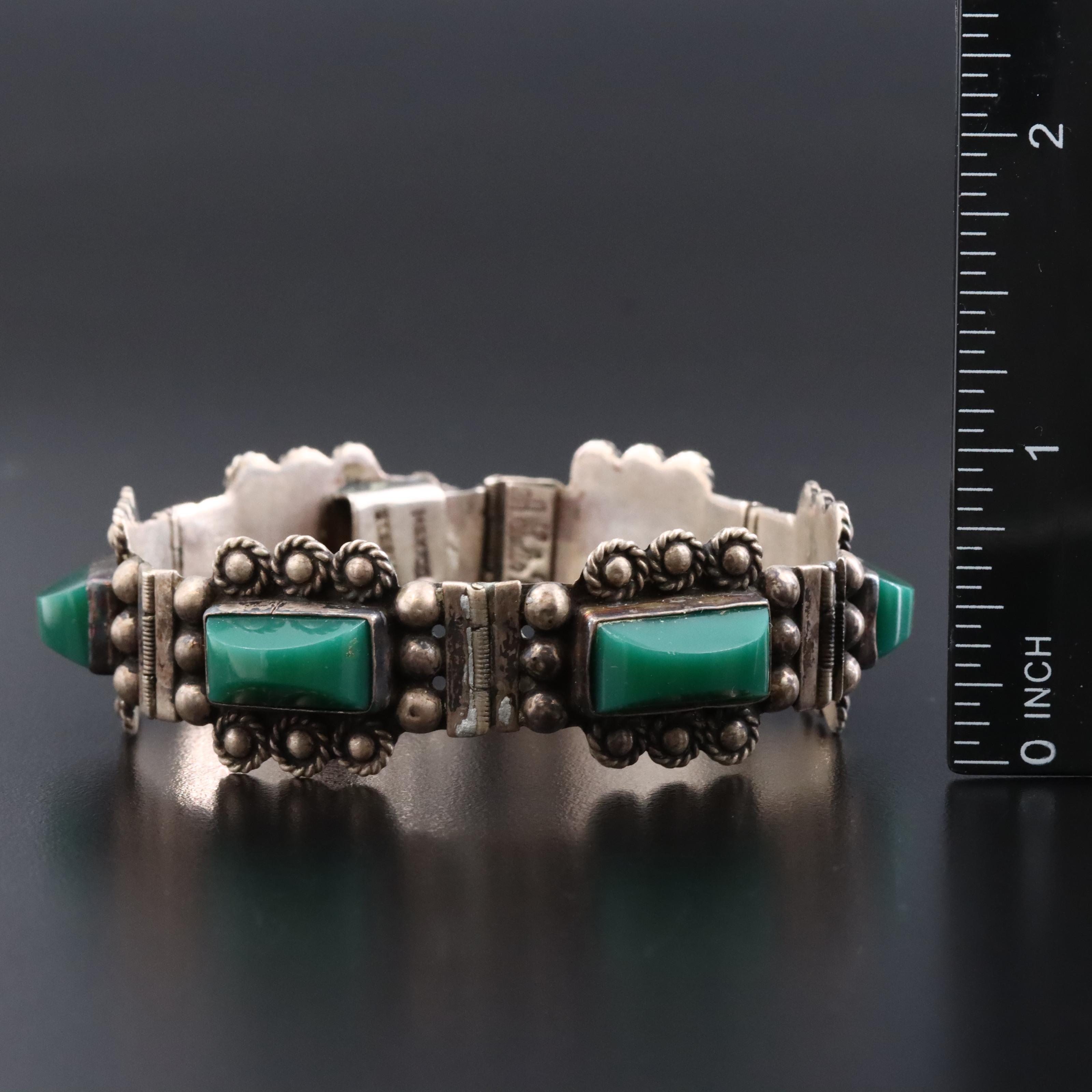 Sterling Mexican Glass Bracelet and Aztec Calendar Converter Brooch