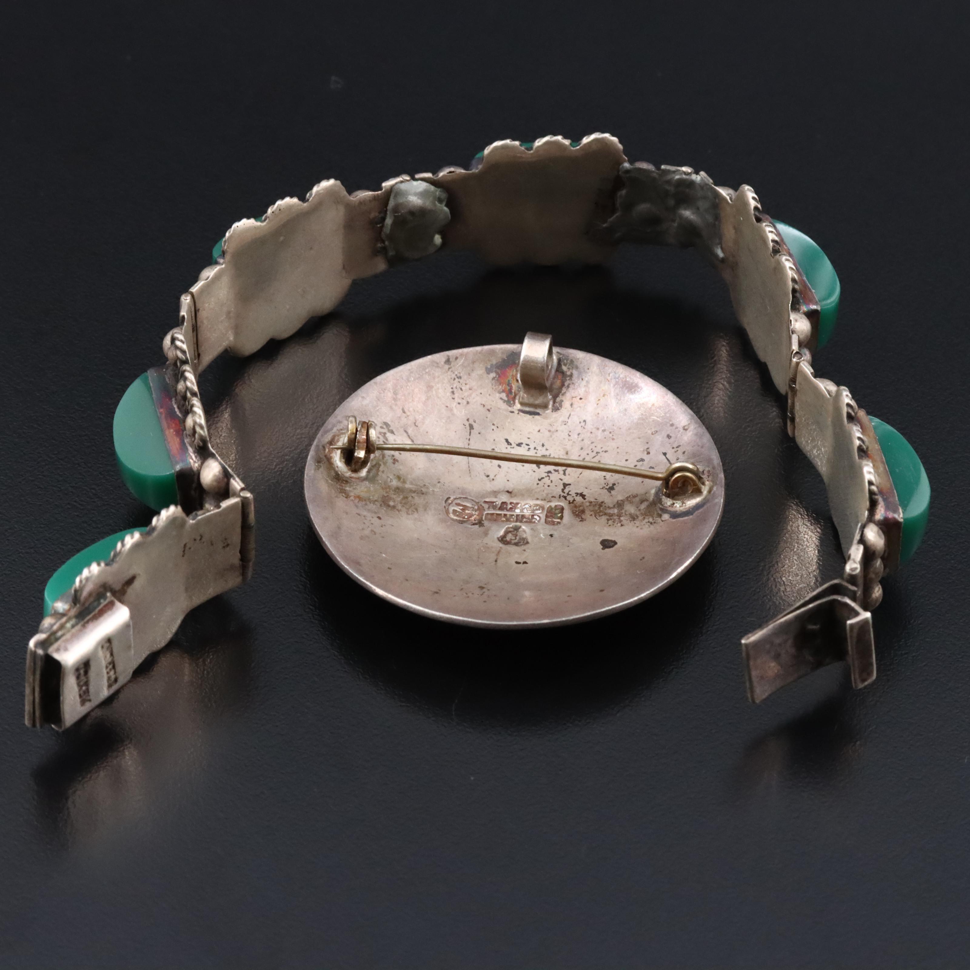 Sterling Mexican Glass Bracelet and Aztec Calendar Converter Brooch