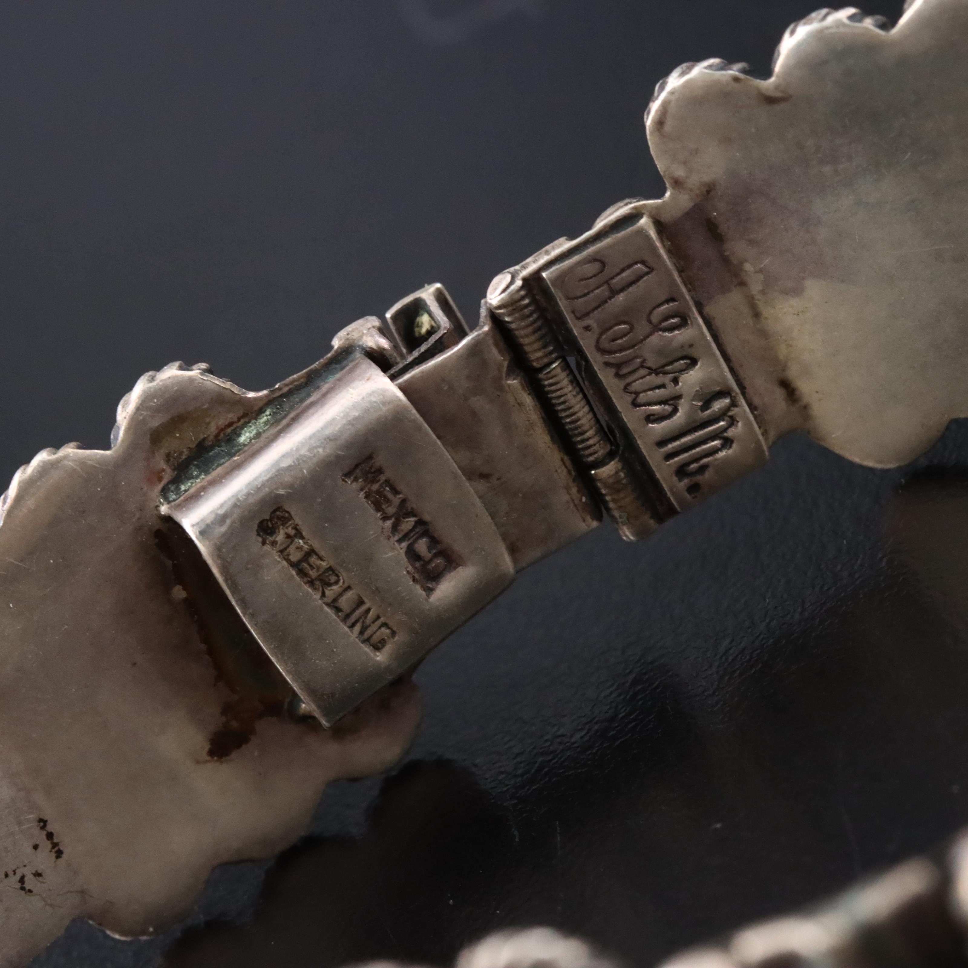 Sterling Mexican Glass Bracelet and Aztec Calendar Converter Brooch